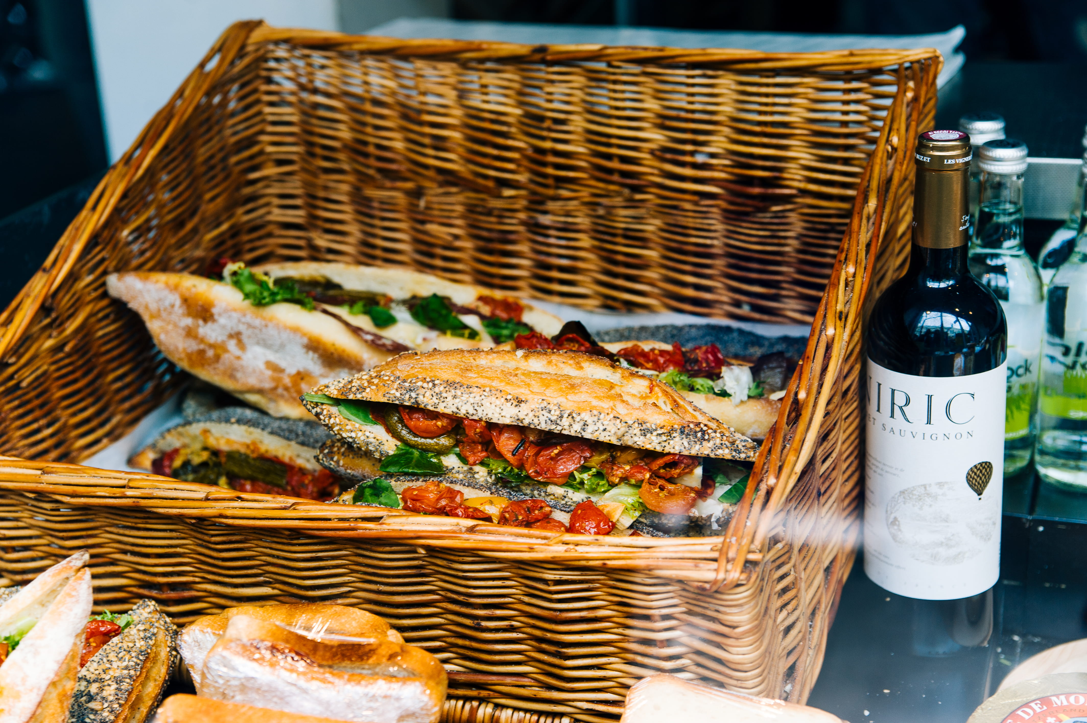 bread, tasty, healthy eating, wine, container, high angle view, sandwich, yummy, vegetables, food, 4K, brown, meat, wicker, snack, business, ready-to-eat, HD Wallpaper