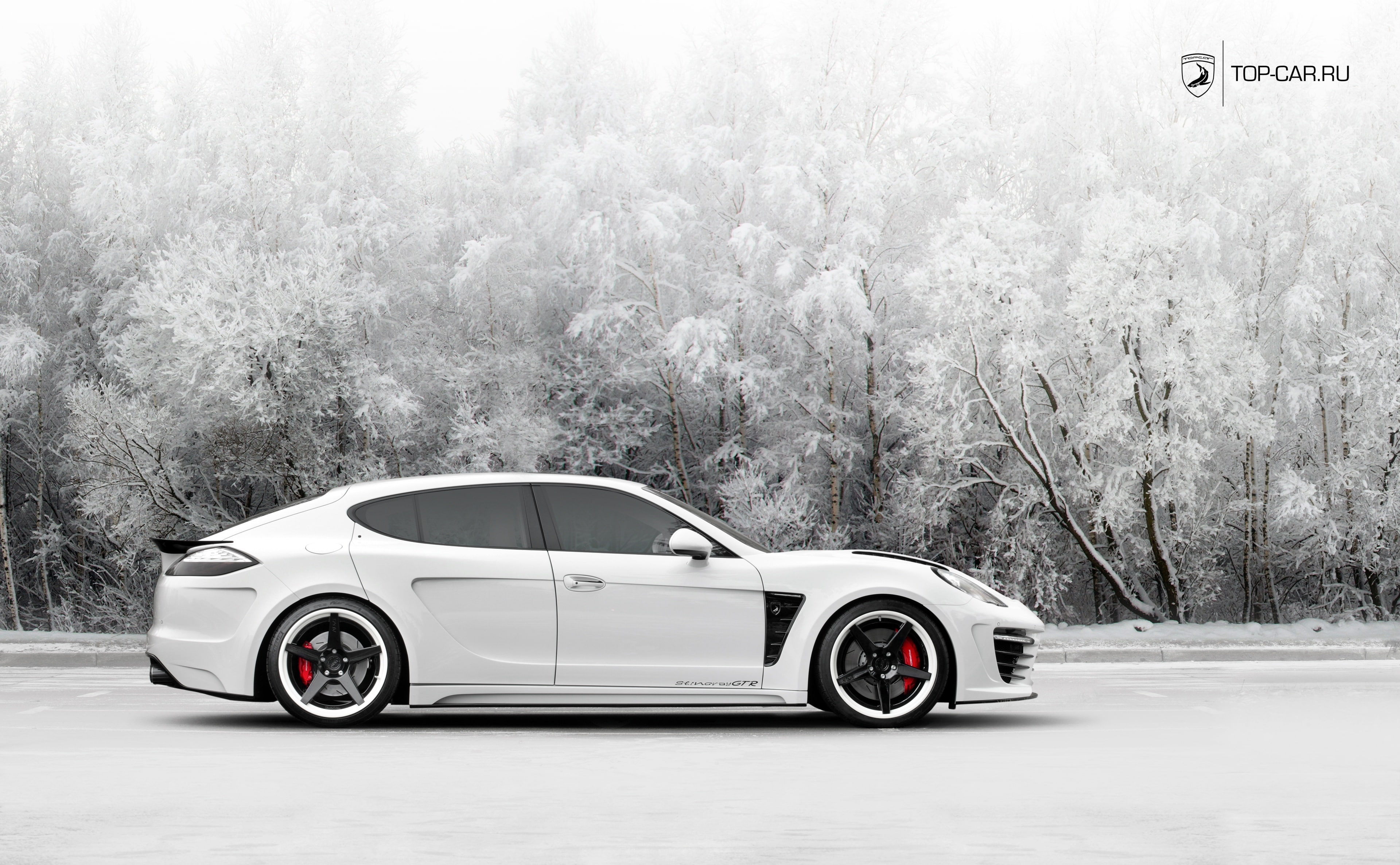 nature, stingray, motor vehicle, parking, mode of transportation, road, panamera, gtr, topcar, sign, 4K, Porsche, car, white color, fog, snowing, adv.1, HD Wallpaper