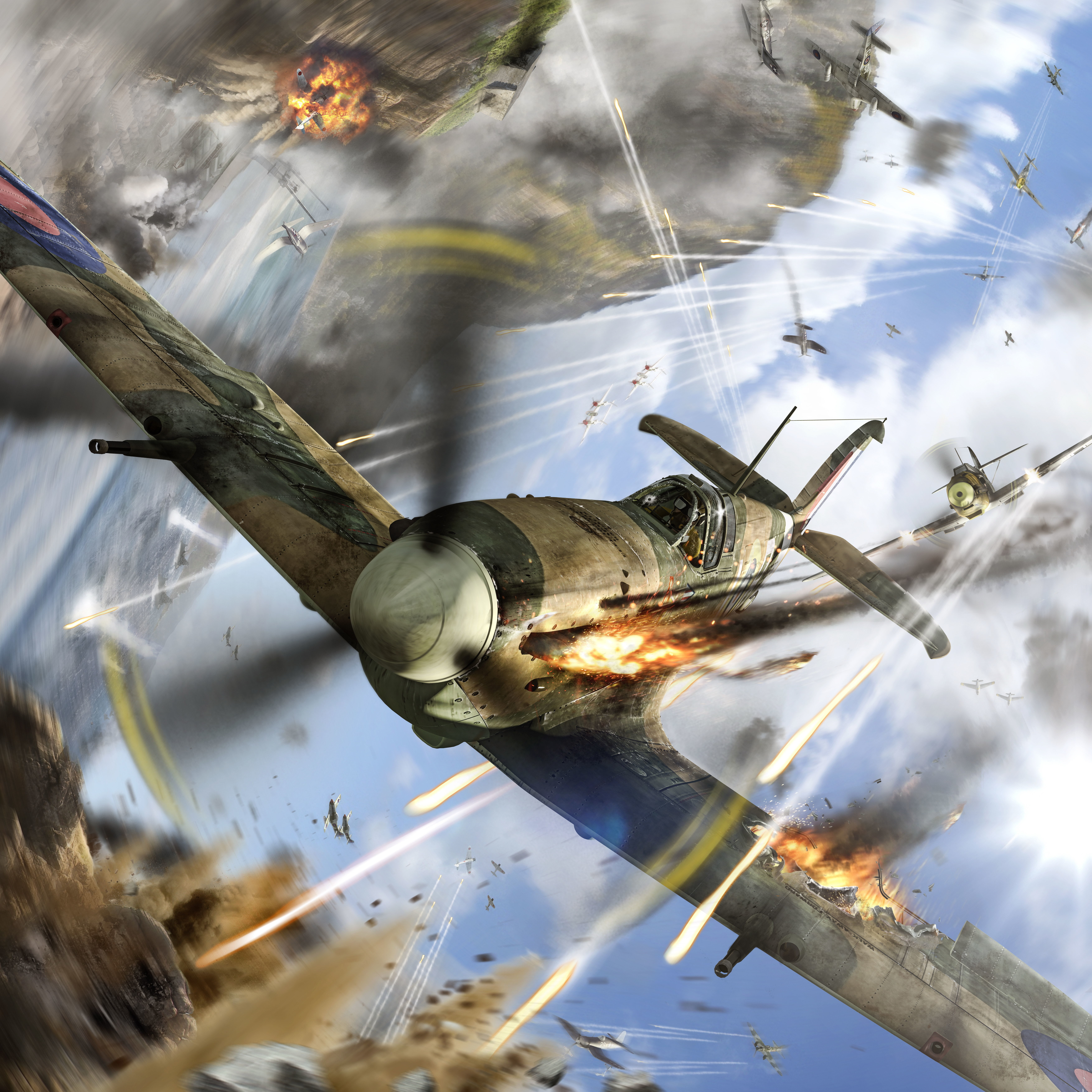 prosecution, dogfight, Spitfire, tracers, World of Warplanes, shooting, in the sky, 5K, fire, aircraft, Phone HD Wallpaper