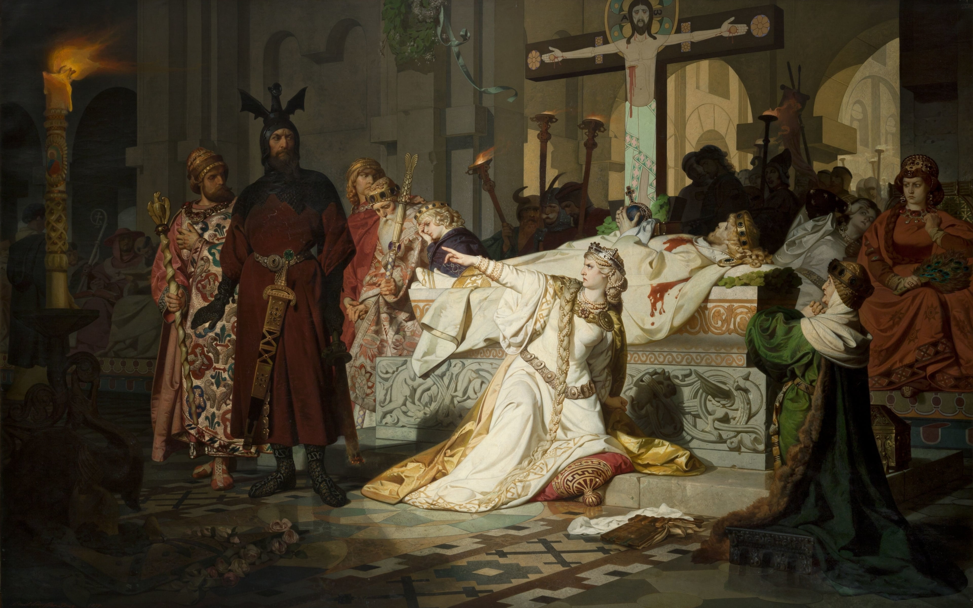 Emil Laufer, Kriemhild’s Accusation, National Gallery in Prague, Krimhilda accuses Gunter Hager and murder, Czech painter, 1879, Emil Lauffer, The song of the Nibelungs, HD Wallpaper