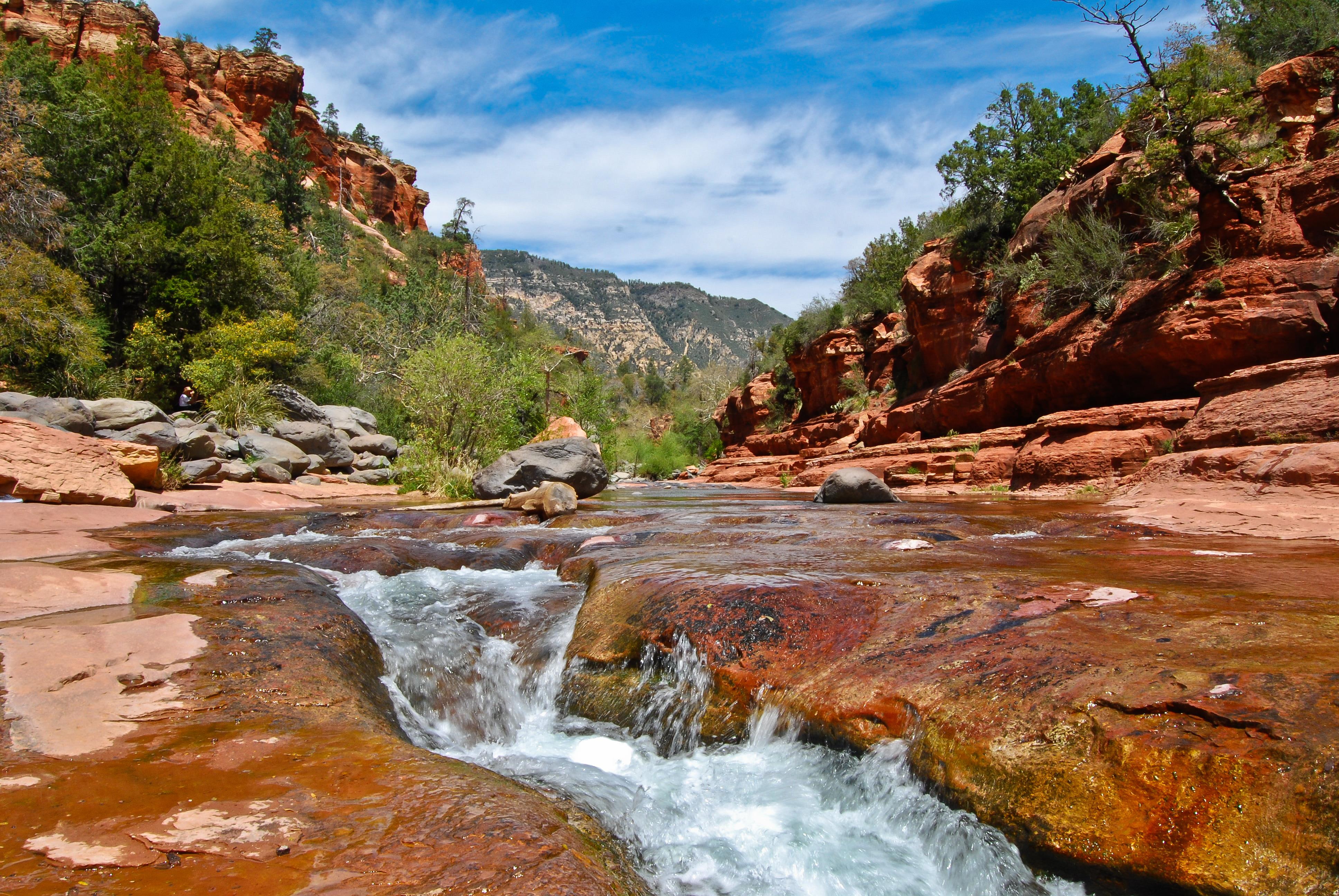 mountains, water, sedona, california, park, beautiful, dramatic, rock, slide, slide-rock, 4K, reserve, river, waterfall, canyon, HD Wallpaper