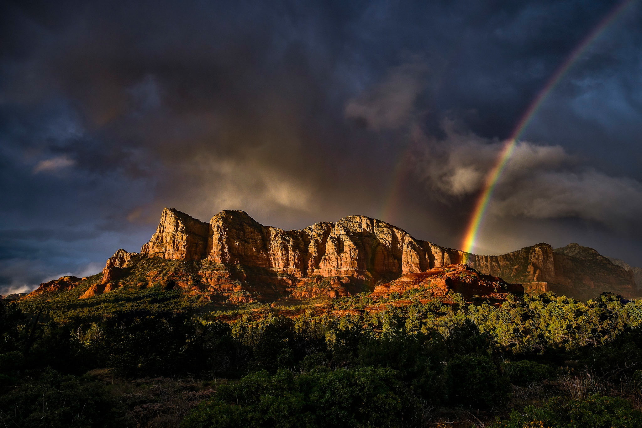 1080P, trees, Arizona, Sedona, forest, rainbow, clouds, the sun, USA, rocks, the sky, mountains, HD Wallpaper