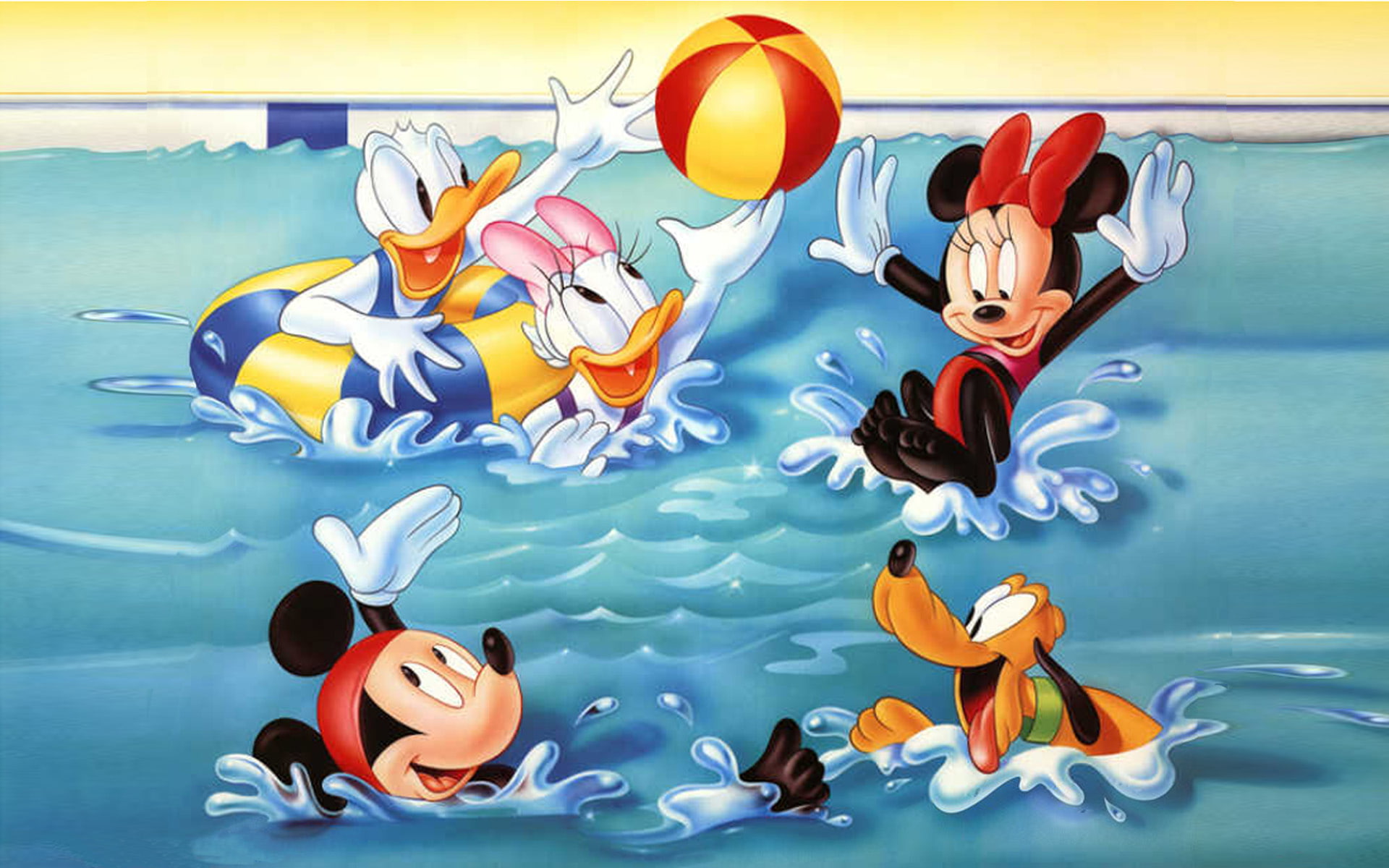 mickey, 1080P, water, swimming, mouse, playing, hd, friends, pool, HD Wallpaper