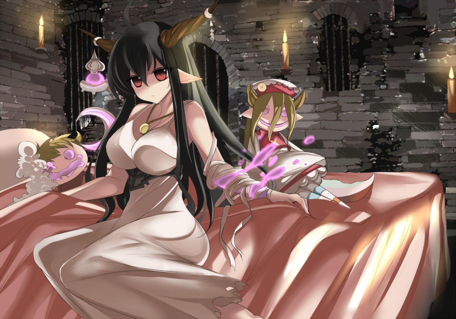 danua, horns, marionette, hair, (excle), granblue, dress, long, eyes, black, 720P, red, fantasy, ears, pointed, HD Wallpaper