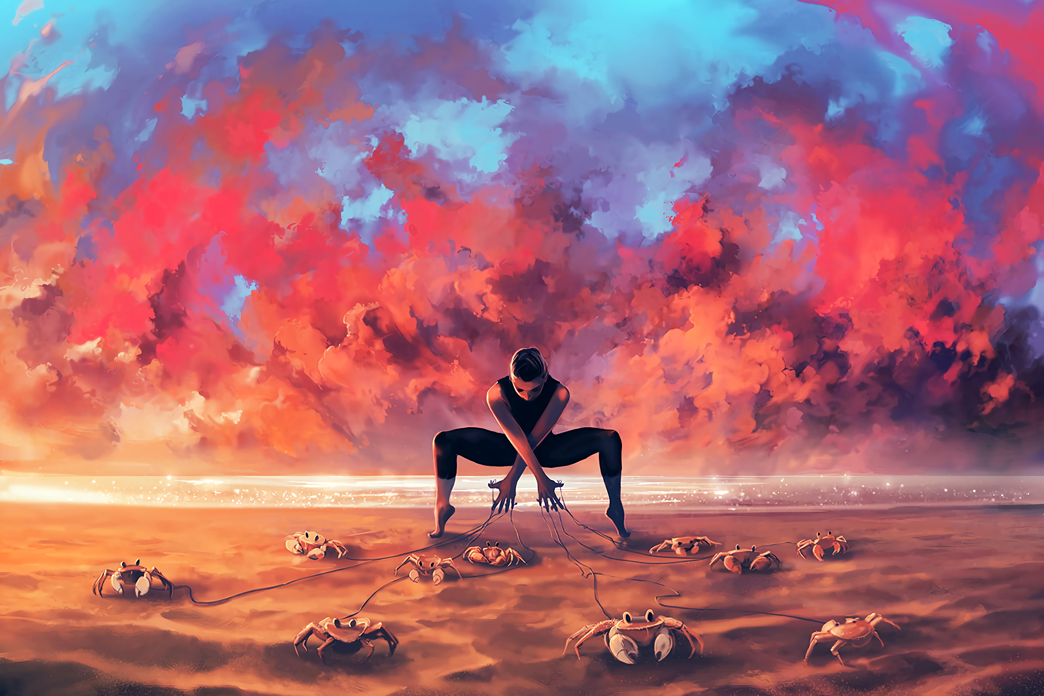 Fantasy, girl, 2K, crabs, marionette, sunset, HD Wallpaper