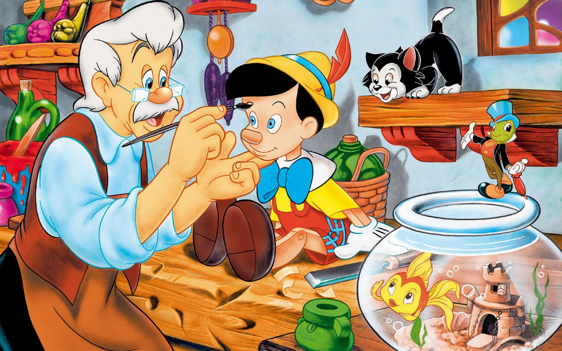 glasses, Pinocchio, 1080P, aquarium, carpenter Antonio, brush, cricket, cherry master, kitty, fish, HD Wallpaper