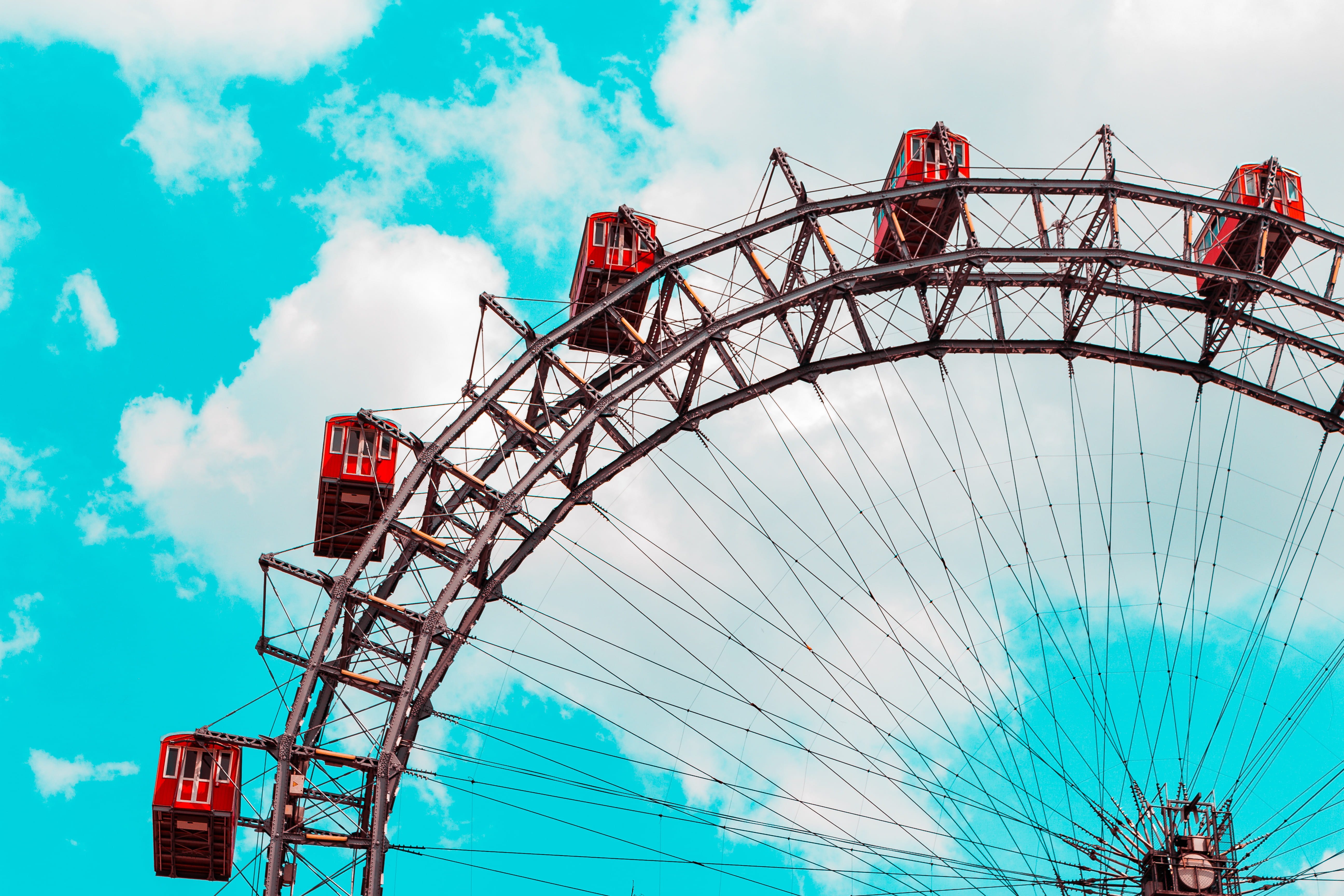 austria, outdoors, vienna, red, riesenrad, ferris, amusement park, 5K, architecture, carnival, amusement park ride, prater, viennese giant ferris wheel, HD Wallpaper