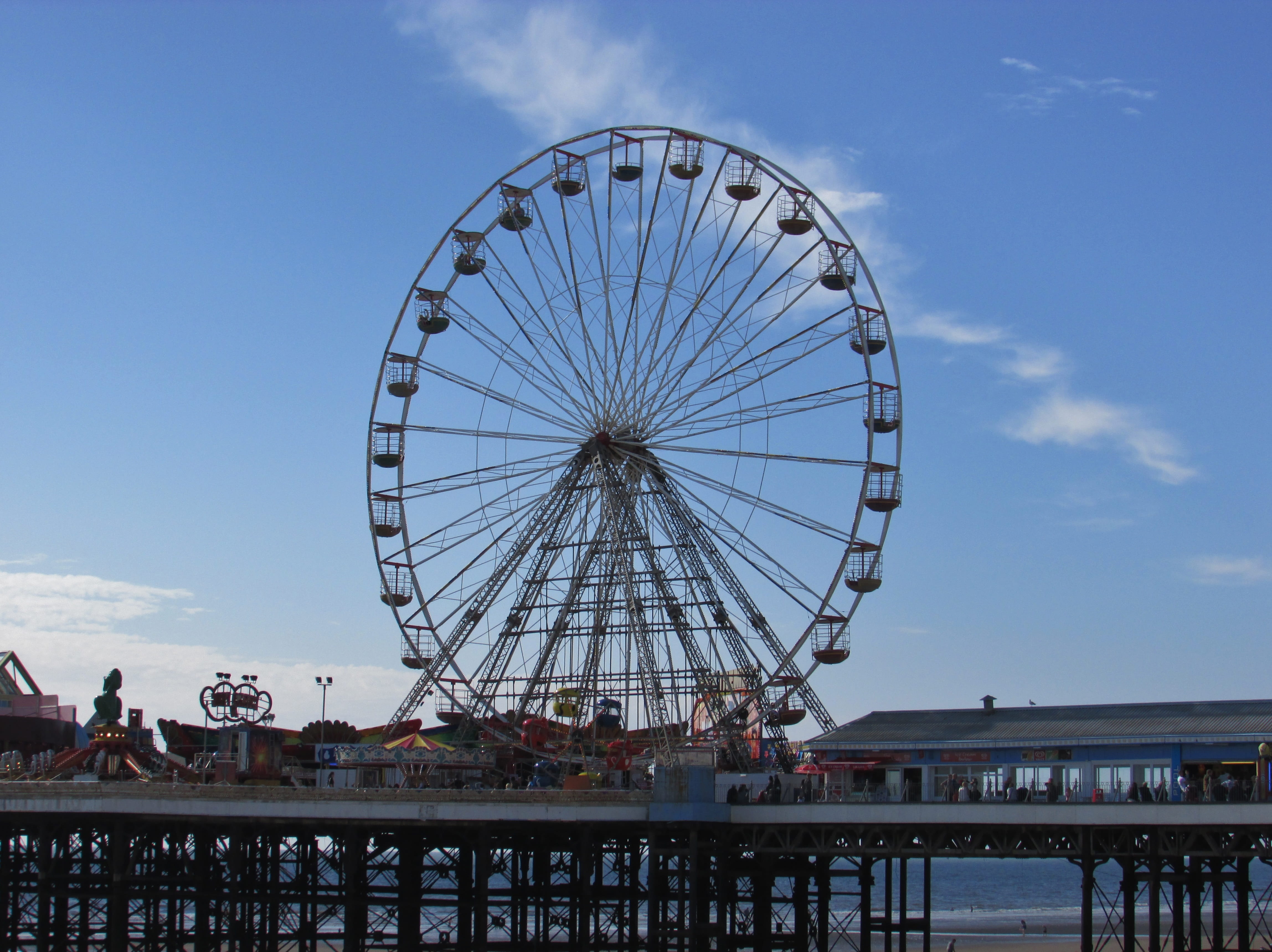 built structure, blackpool, arts culture and entertainment, attraction, fairground, day, amusement park ride, water, nature, city, ferris wheel, fair, sky, HD Wallpaper
