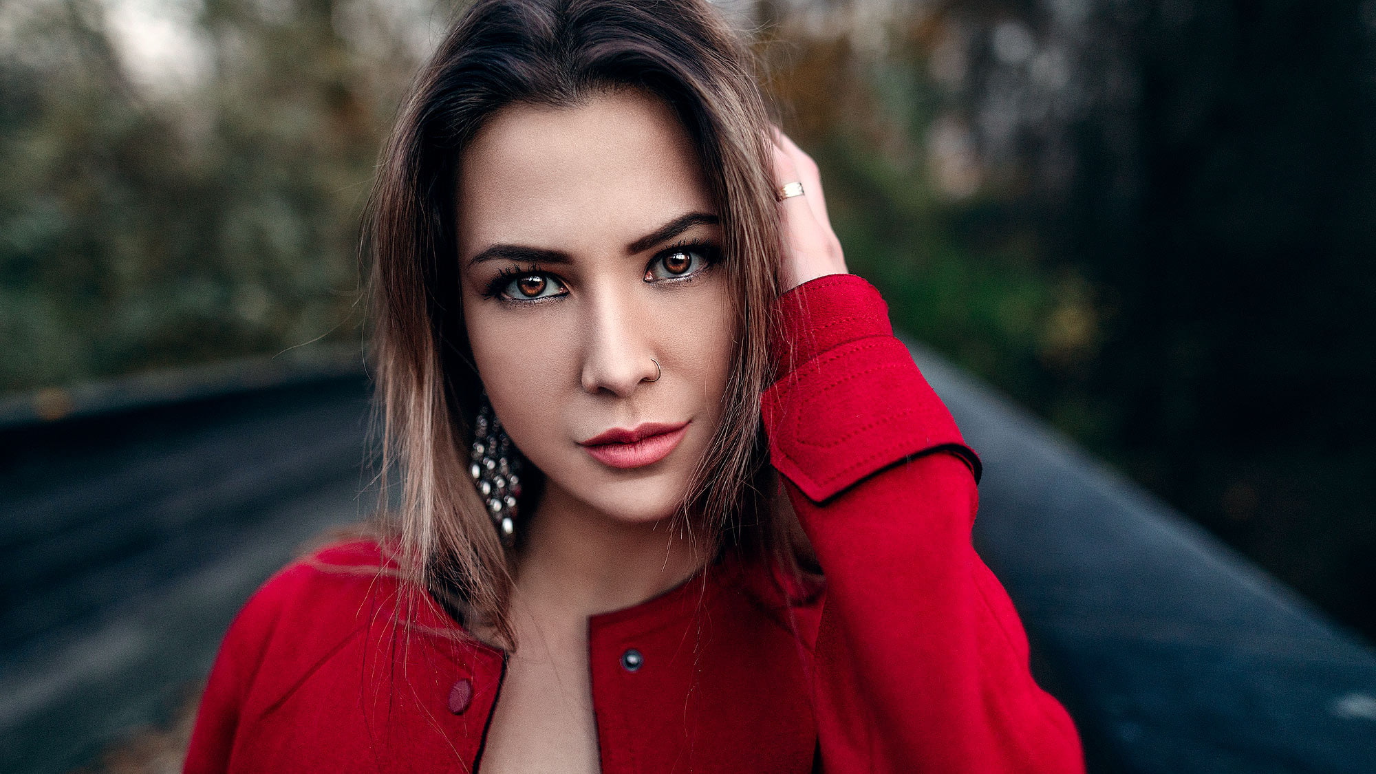 1080P, nose ring, coats, women outdoors, women, face, red coat, hand on head, closeup, portrait, HD Wallpaper