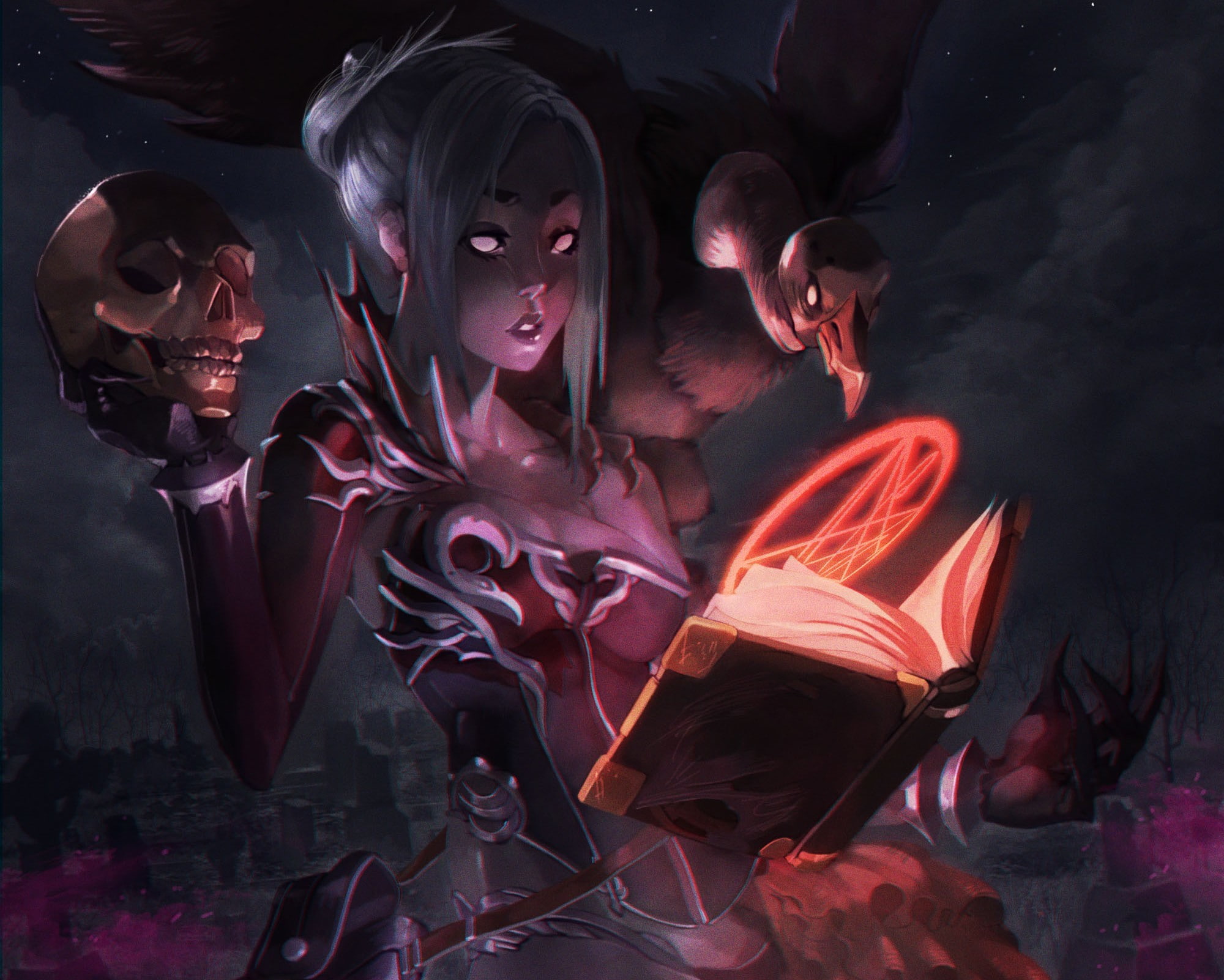 book, art, 1080P, vulture, character, skull, holding, magic, fictional, spell, girl, bird, HD Wallpaper