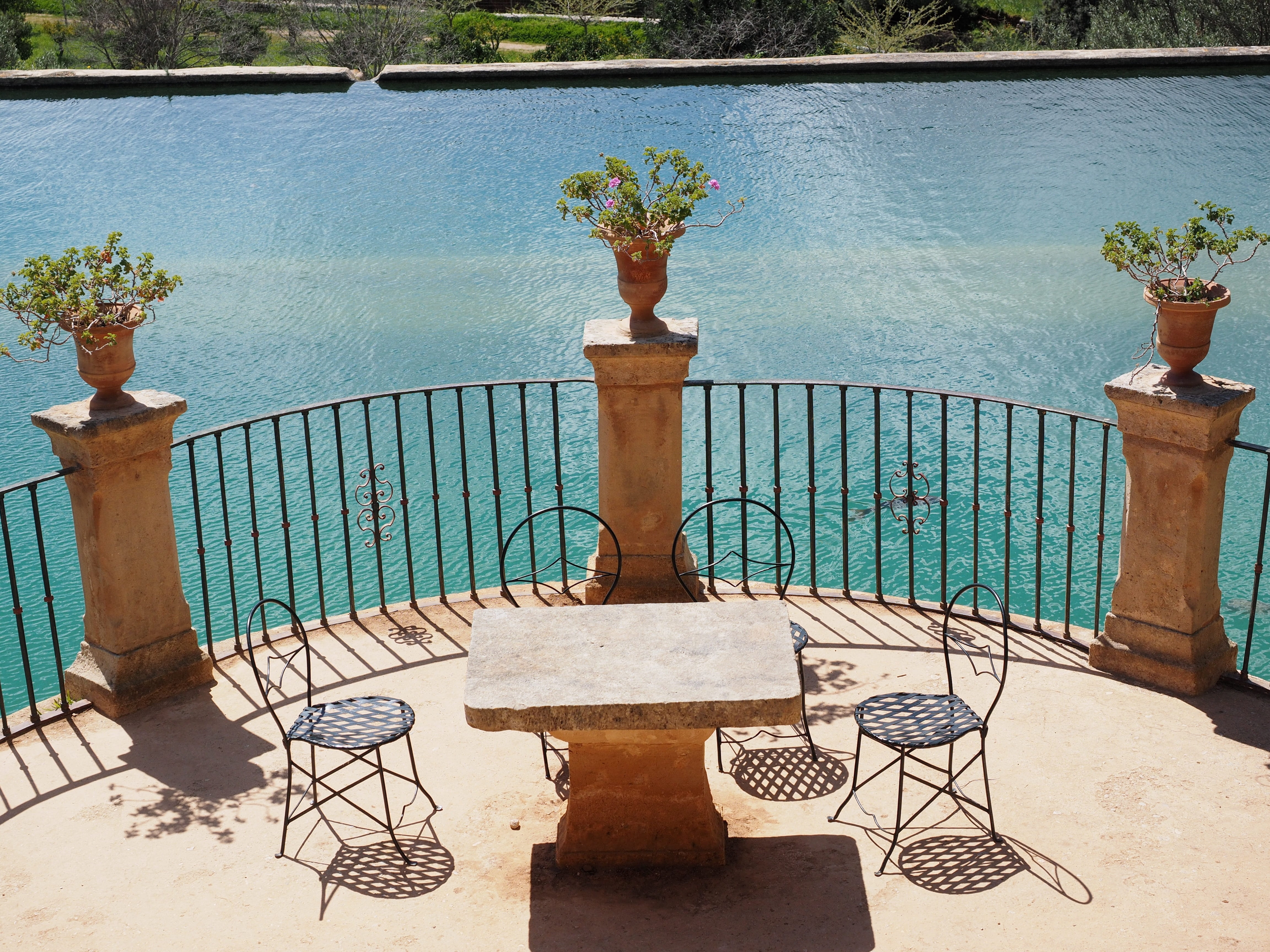 mallorca, body, outlook, potted plant, railing, bunyola, picnic, empty, beside, water, terrace, mediterranean, architecture, estate raixa, daytime, plant, HD Wallpaper