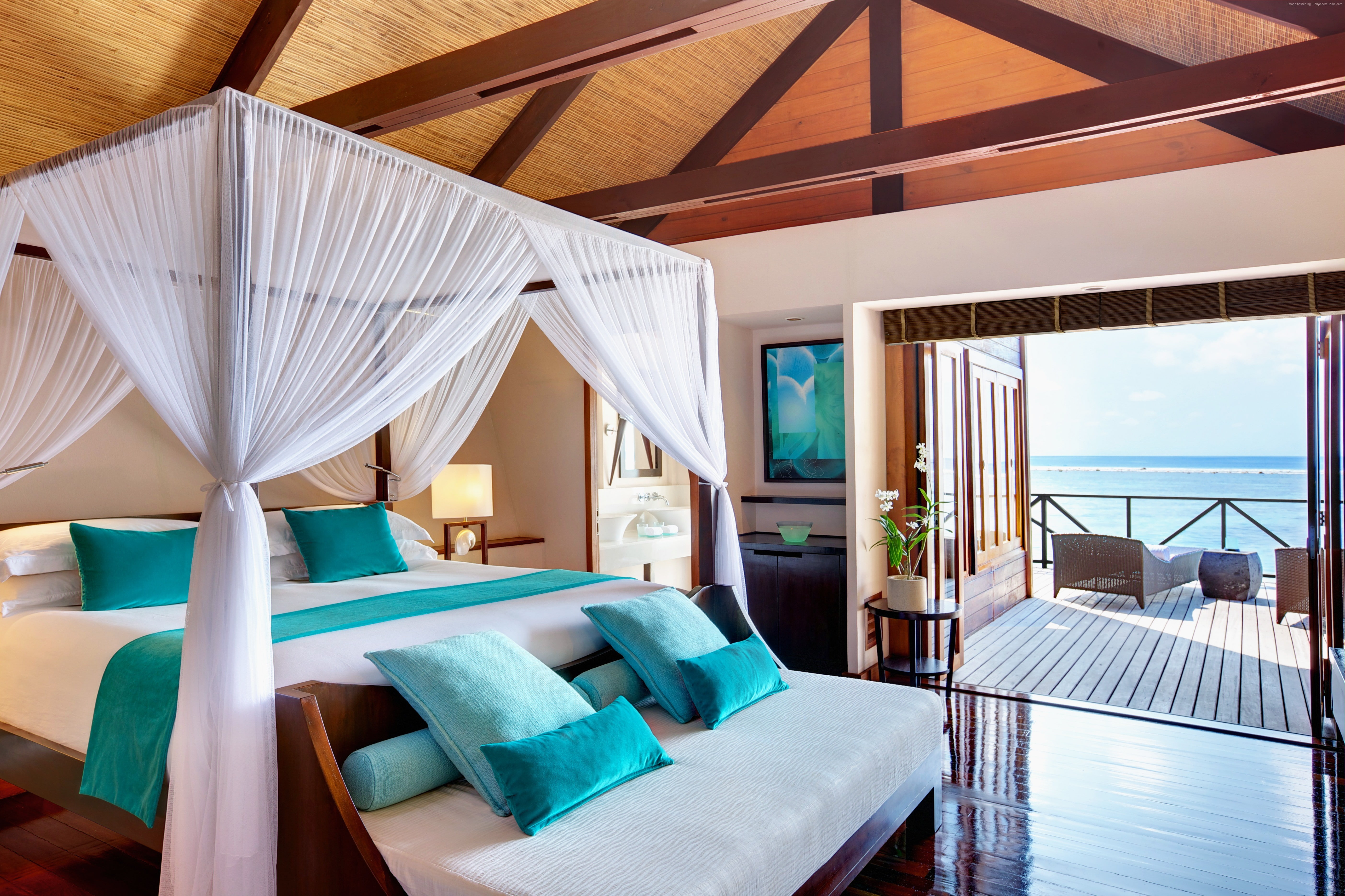 absence, bed, vacation, travel, luxury, home showcase interior, furniture, curtain, modern, ceiling, Maldives Water Villa, hotel room, seat, Lux, domestic room, HD Wallpaper