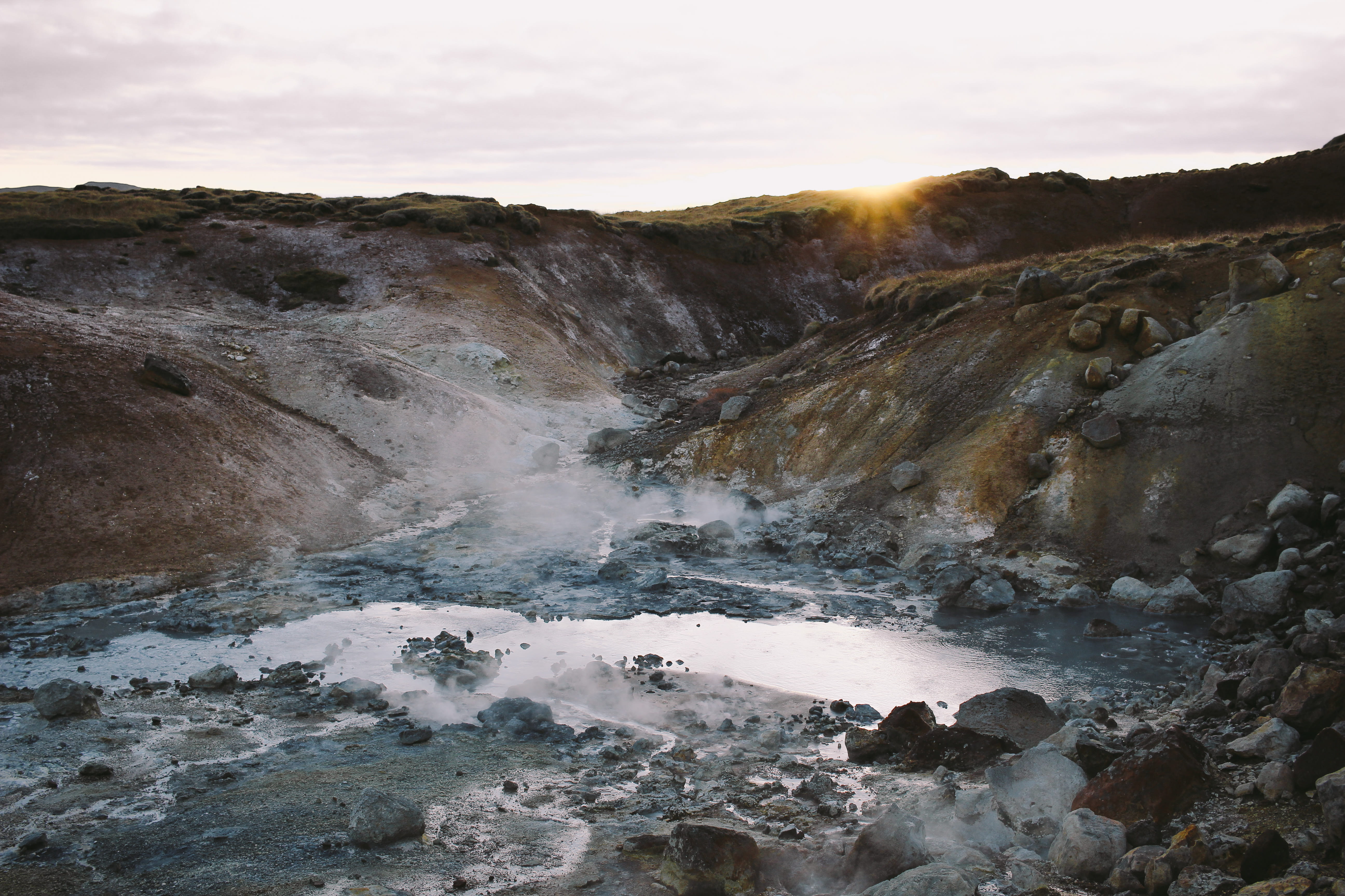 flowing, volcanic, land, power in nature, sunset, water, roc, rock, iceland, nature, tranquil scene, outdoors, environment, stone, rocky, smoke, gas, travel, HD Wallpaper