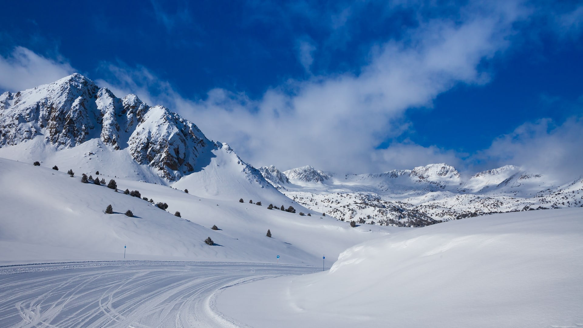 1080P, path, landscape, Andorra, snow, Ski, clouds, winter, mountains, snowy peak, nature, Soldeu, HD Wallpaper