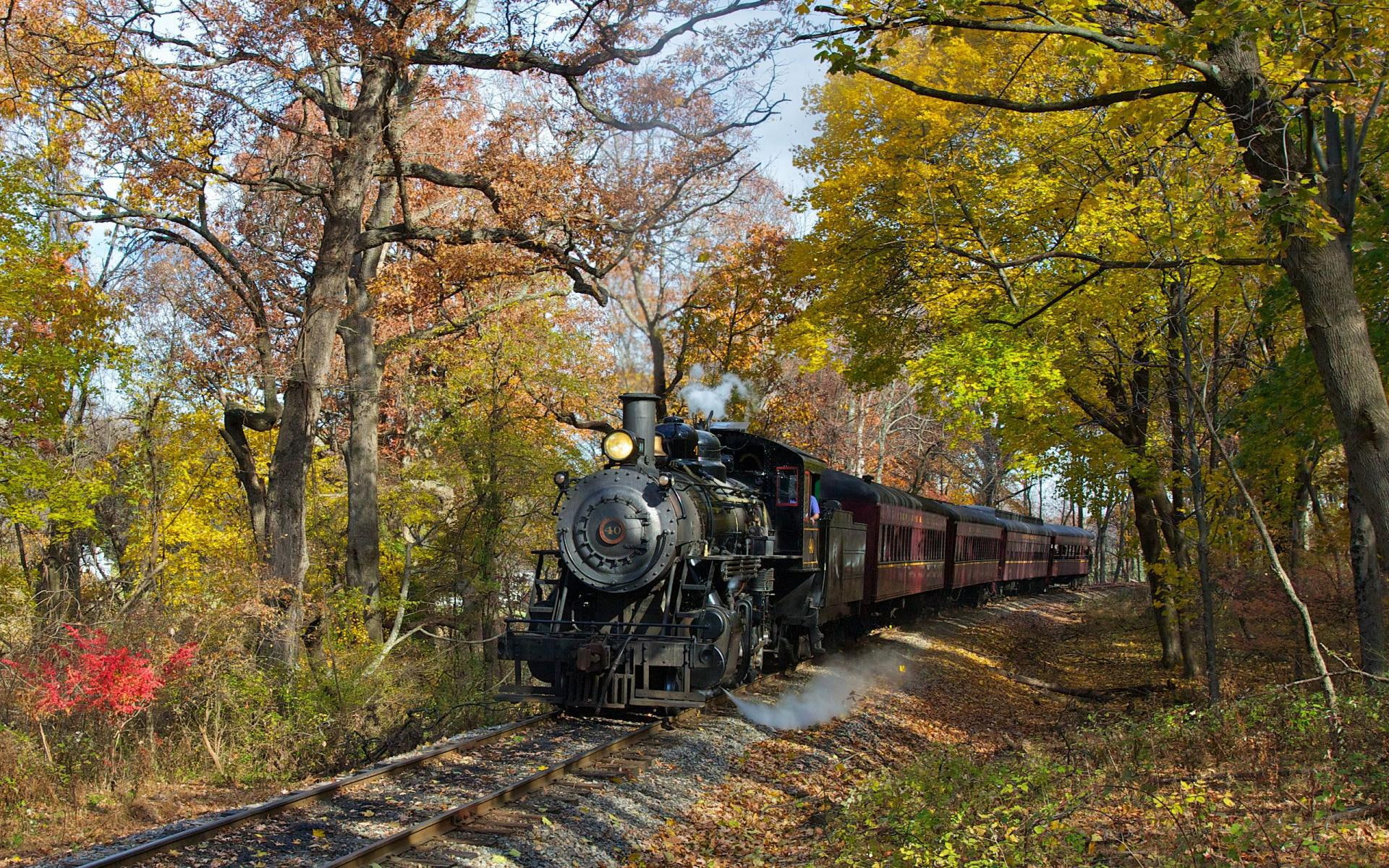 autumn, 1080P, fall, steam, 3d and abstract, locomotive, black, brown, train, HD Wallpaper