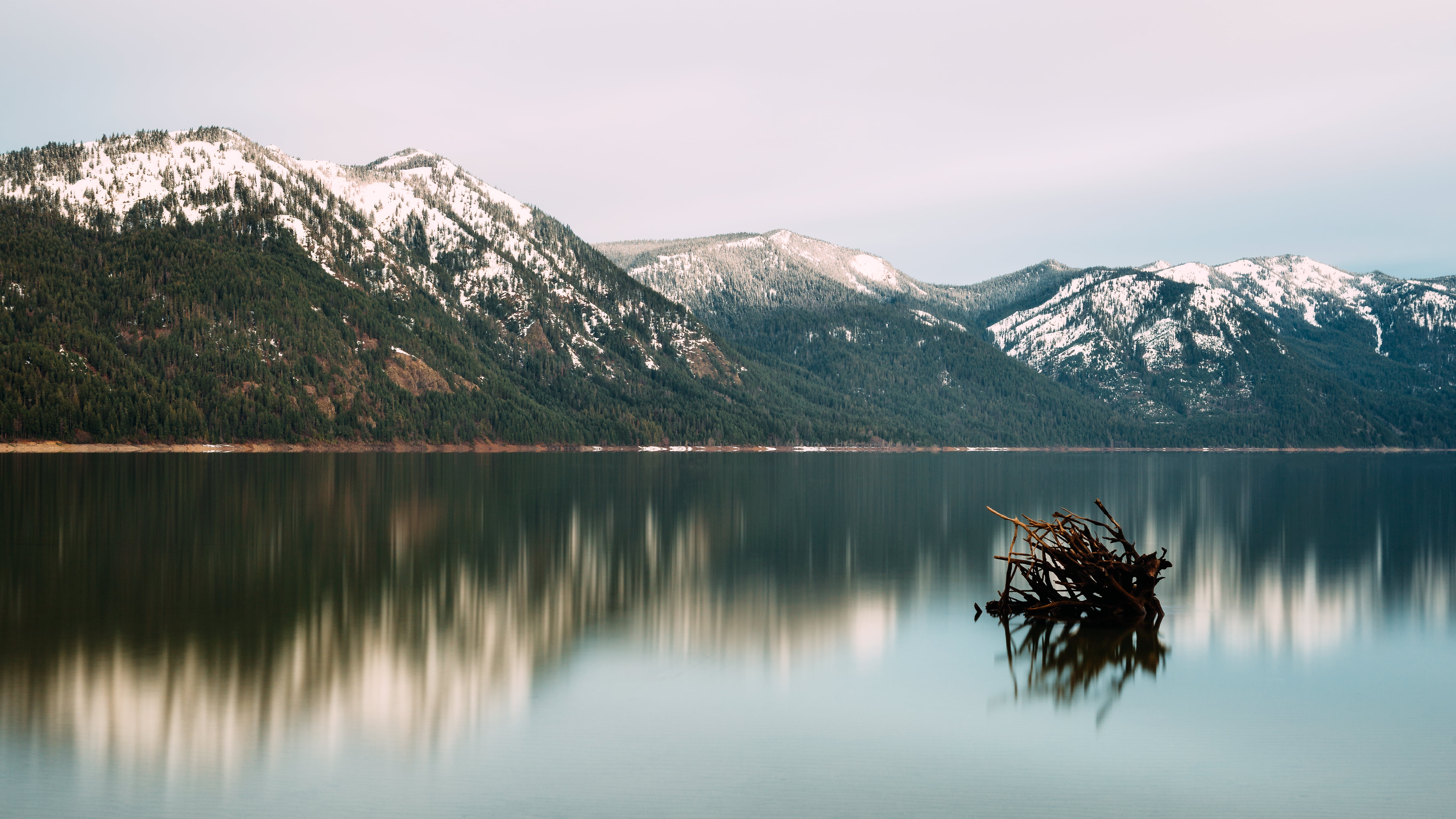 white sky, sky, nature, tranquil Scene, water, lake, 70mm, Canon EF, daytime, 5K, forest, green, westrock, mountains, Hypothesis, snow, mountain, near, HD Wallpaper