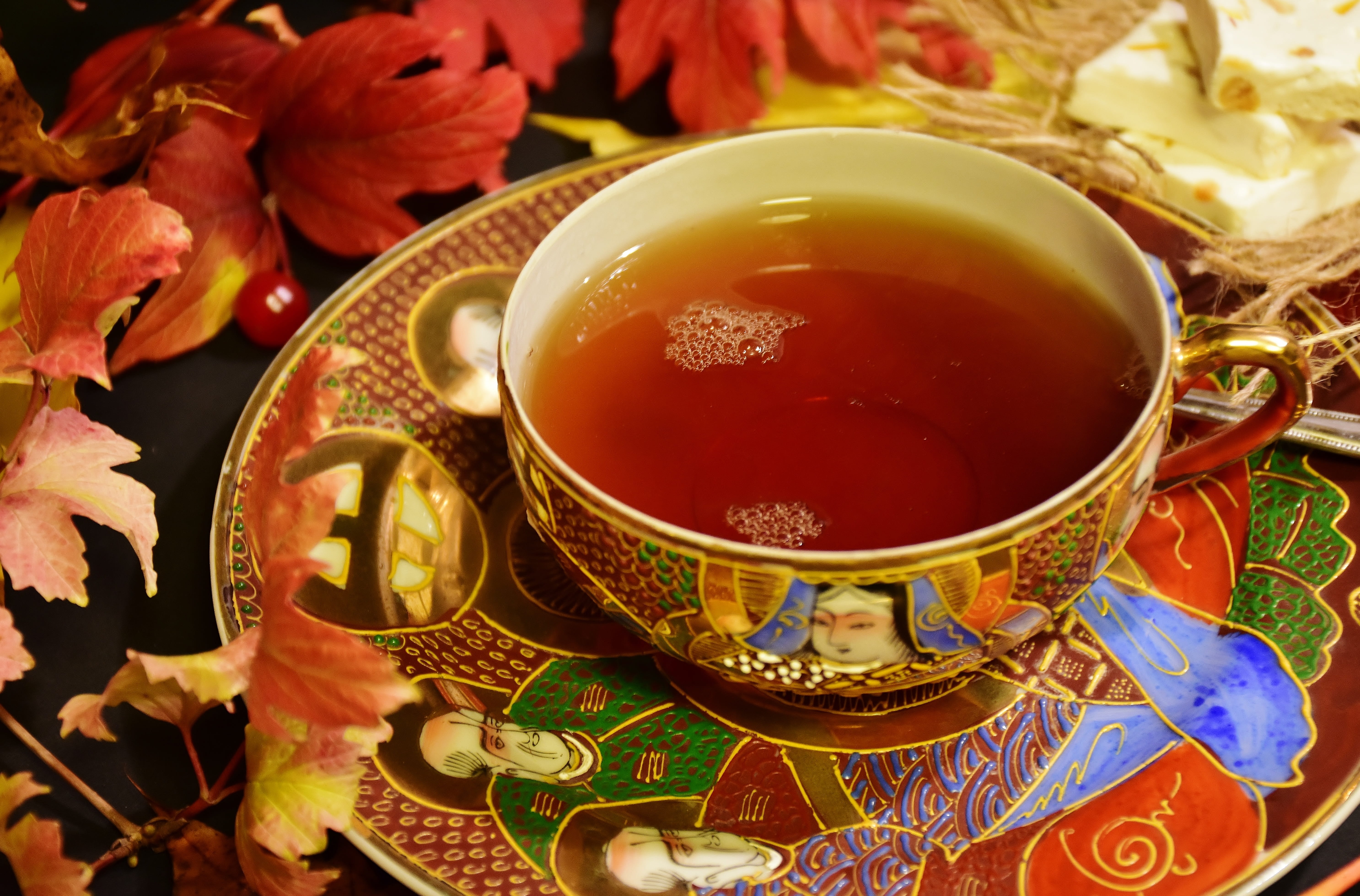 close-up, fall leaves, no people, tea, tea cup, evening, porcelain, teacup, cold, tableware, tee, high angle view, gold colored, ornate, refreshment, cozy, HD Wallpaper