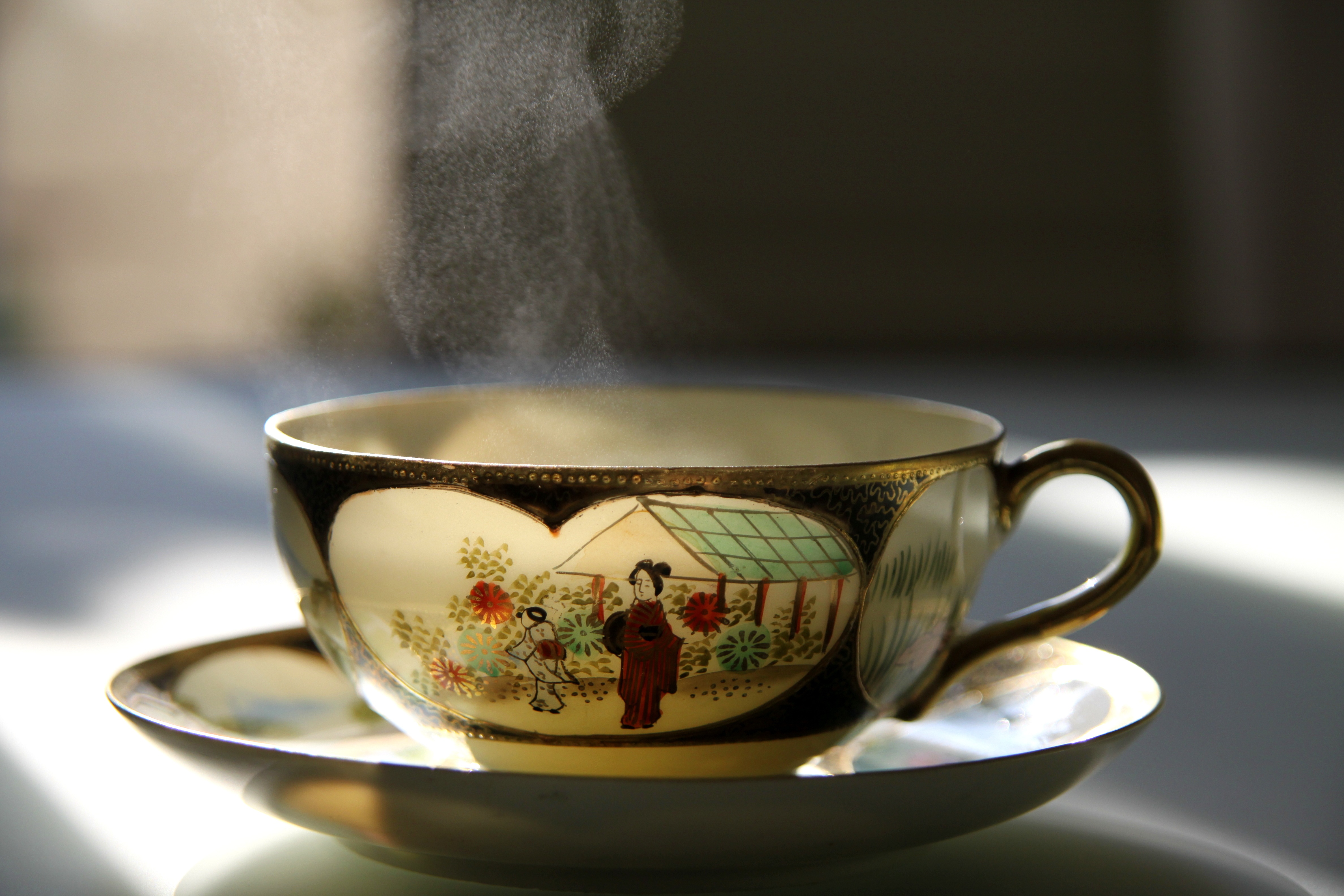 coffee, smoke - physical structure, tea - hot drink, cozy, food and drink, winter, indoor, teapot, freshness, japan, 4K, heat - Temperature, floral pattern, HD Wallpaper