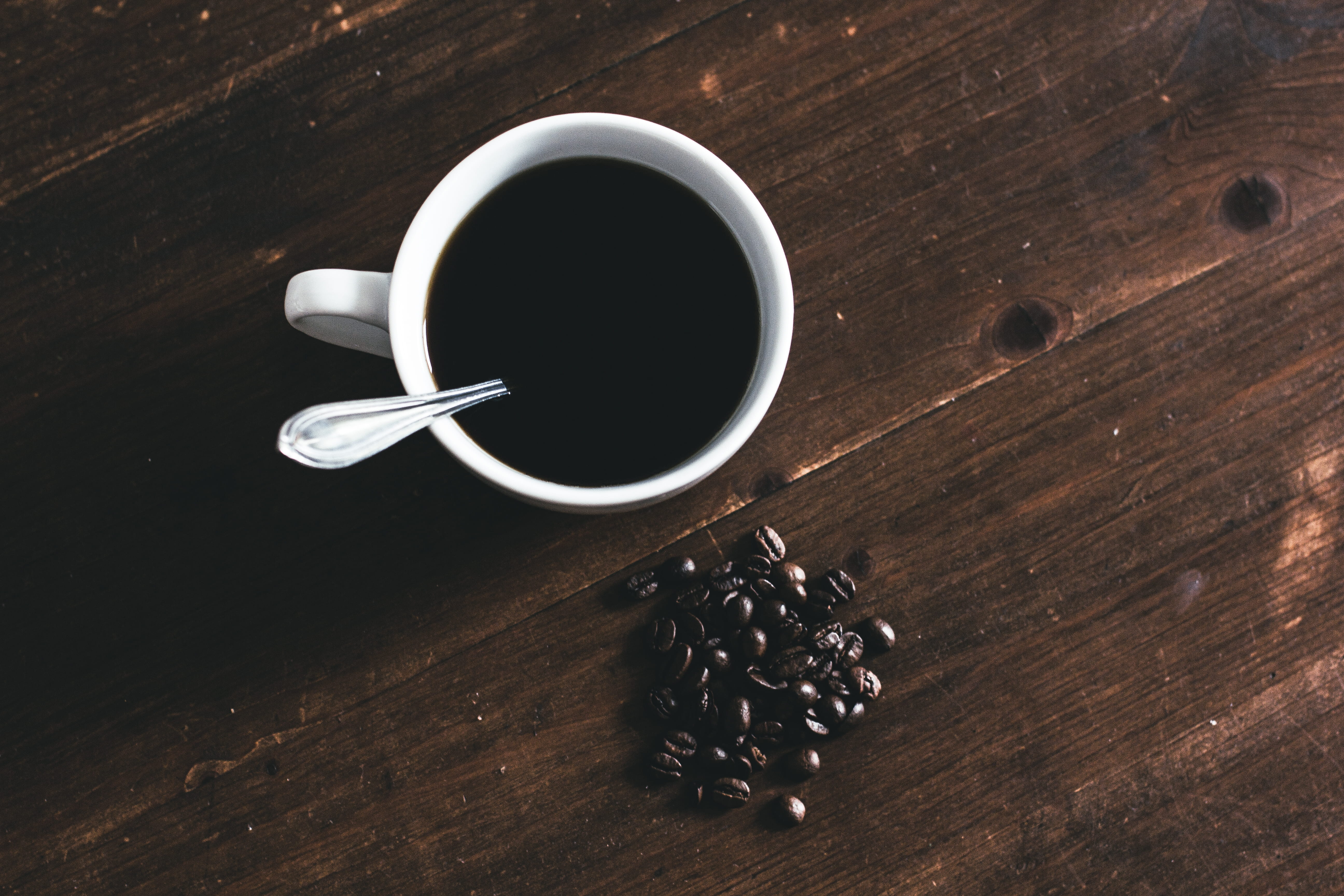cup, freshness, wood - material, food, 5K, mug, spoon, coffee, black tea, high angle view, topview, wood grain, tabletop, cologne, crockery, tea cup, mood, HD Wallpaper