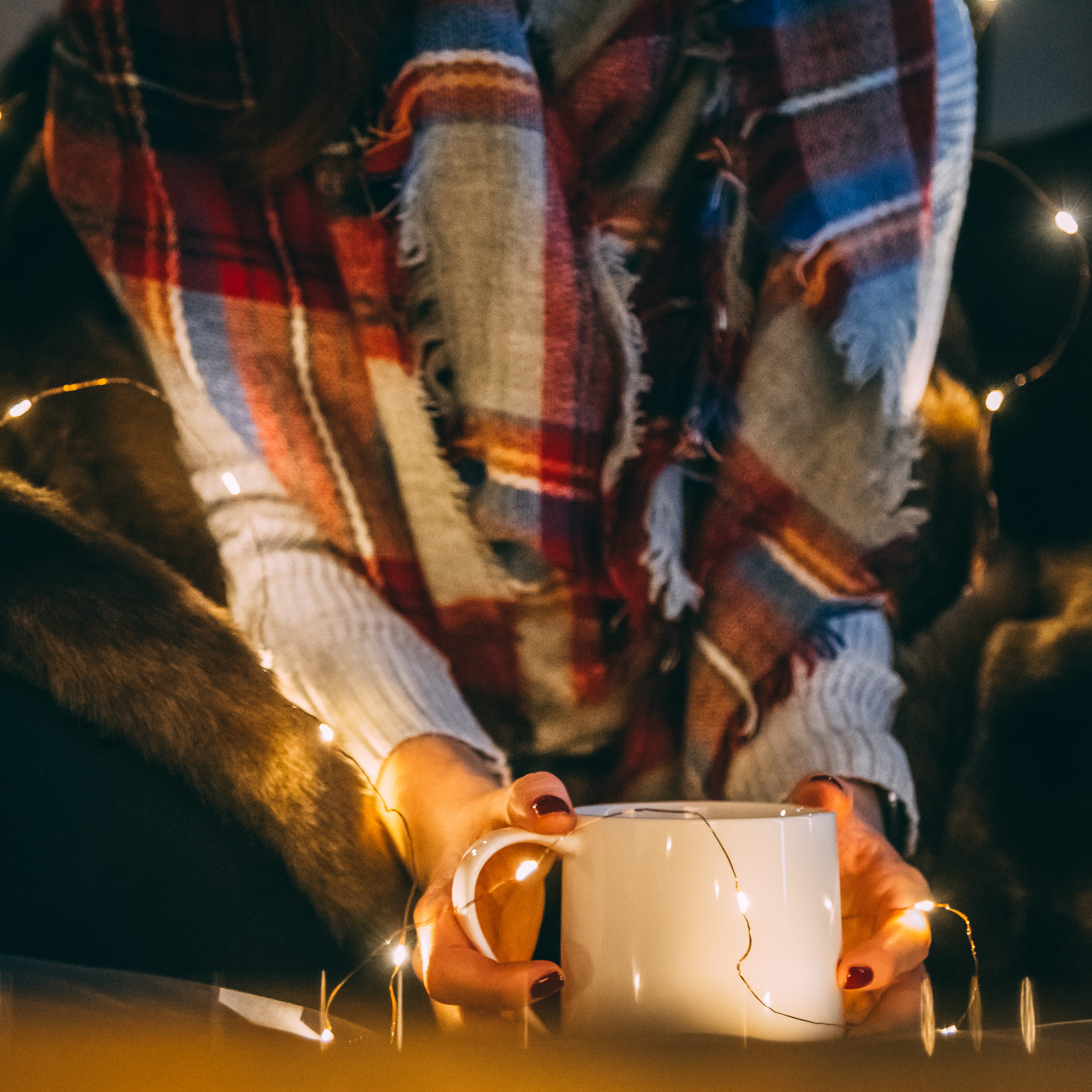 holding, tea, focus on foreground, real people, coffee cup, midsection, light, scarf, stay warm, cozy, autumn, one person, men, mug, coffee, fairy light, Phone HD Wallpaper