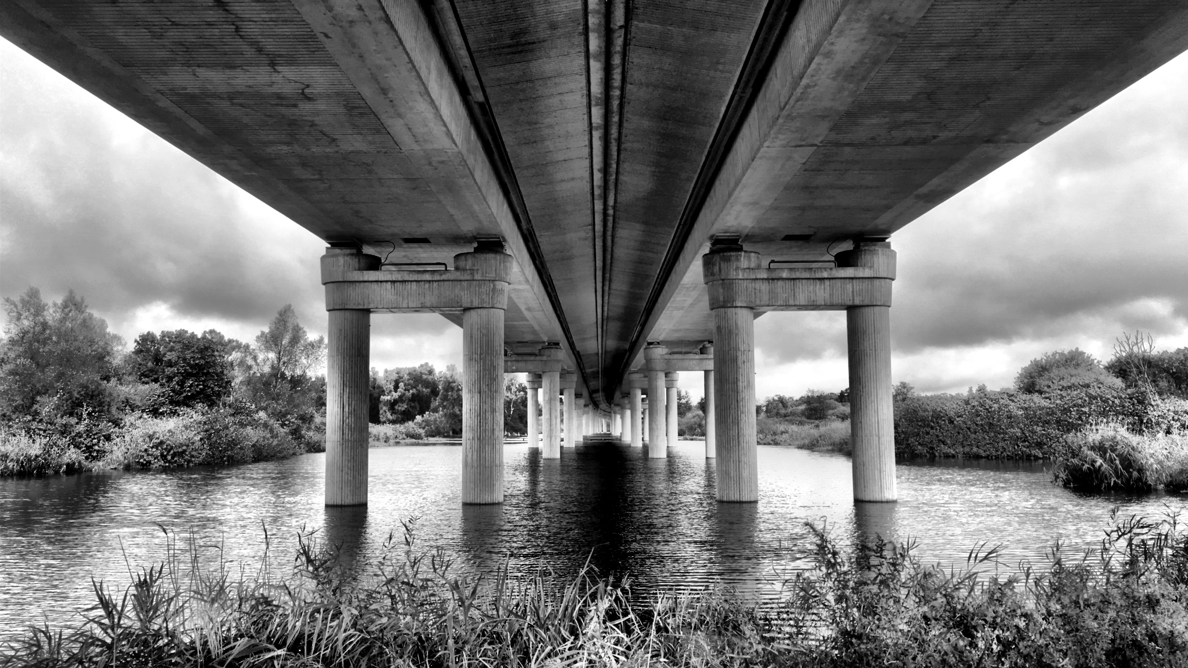 White, Straße, Landscape, Deutschland, Abstract, Vorpommern, Columns, Brücke, Fluss, Natur, Schatten, black And White, Clouds, Shadow, Architecture, River, HD Wallpaper