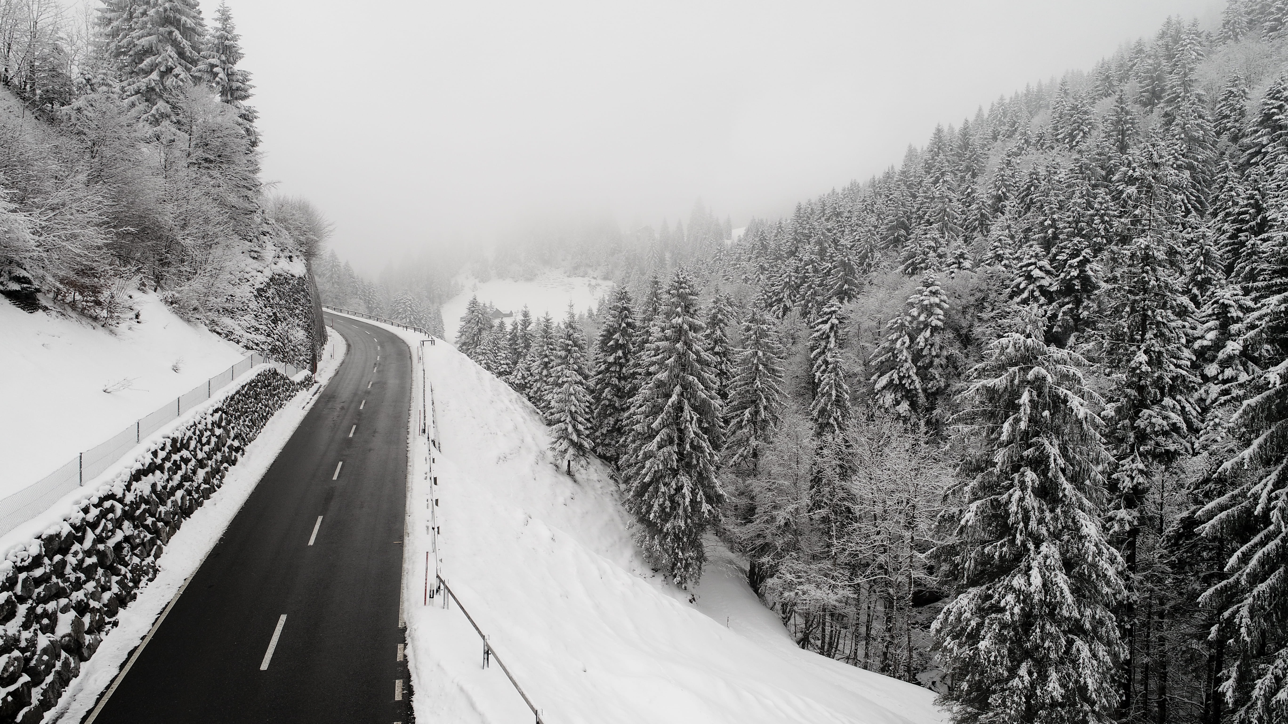 cold, land, ocean, view, beauty in nature, non-urban scene, empty road, nature, pine, switzerland, beside, photography, forest, 5K, trees, water, snowcapped mountain, HD Wallpaper