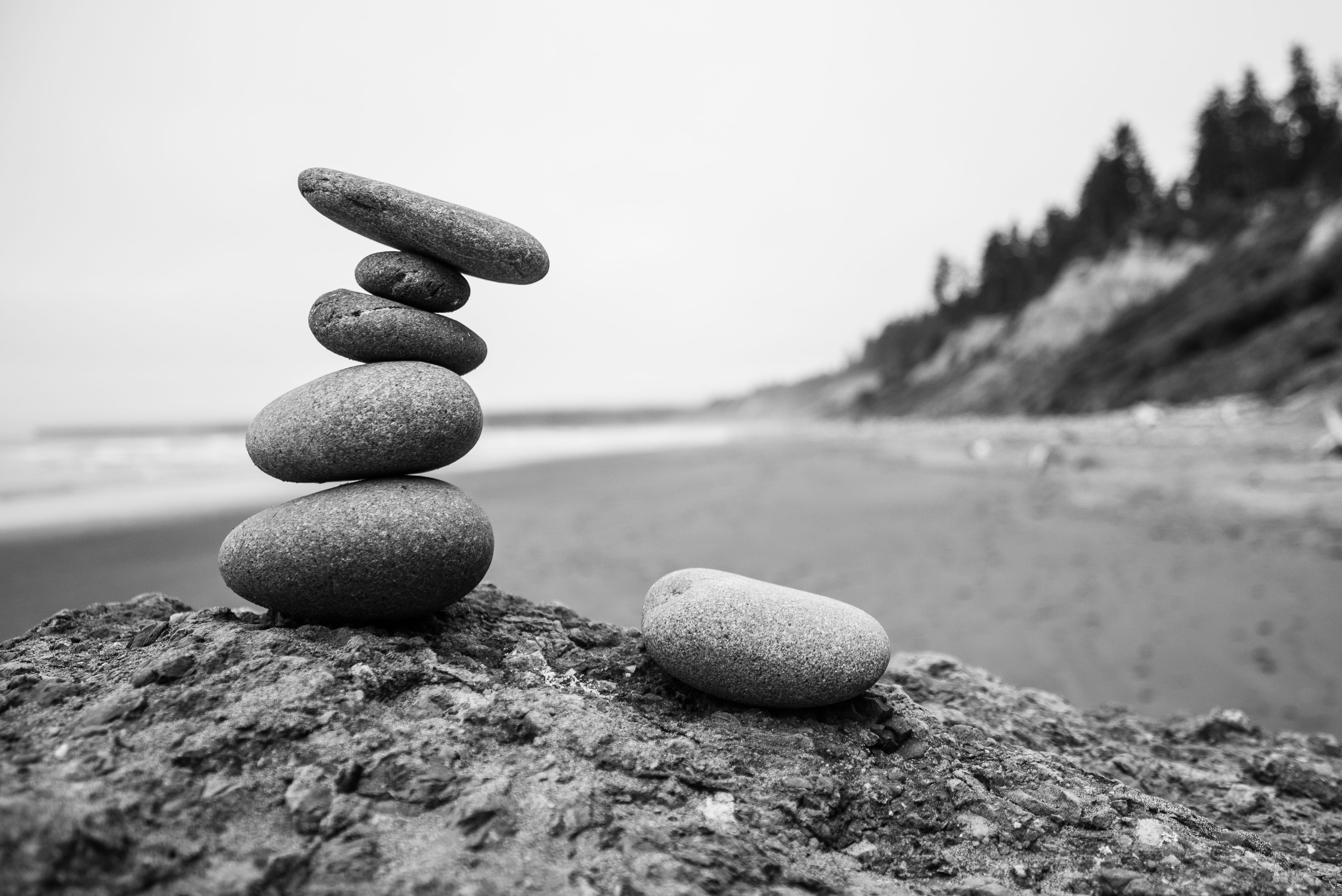 no People, rock pile, ocean, stability, ruby, beach, forest, leaning rock, national park, simplicity, meditating, sand, coastline, sky, relaxation, harmony, HD Wallpaper
