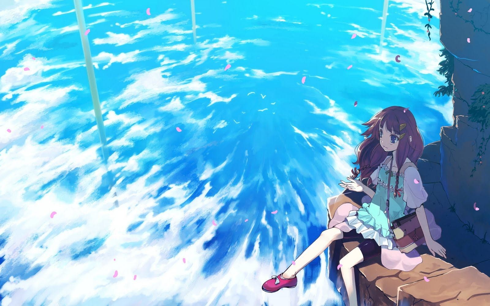 anime girls, full length, day, young adult, 720P, technology, real people, outdoors, adult, one person, lifestyles, nature, water, sky, underwater, cherry blossom, HD Wallpaper