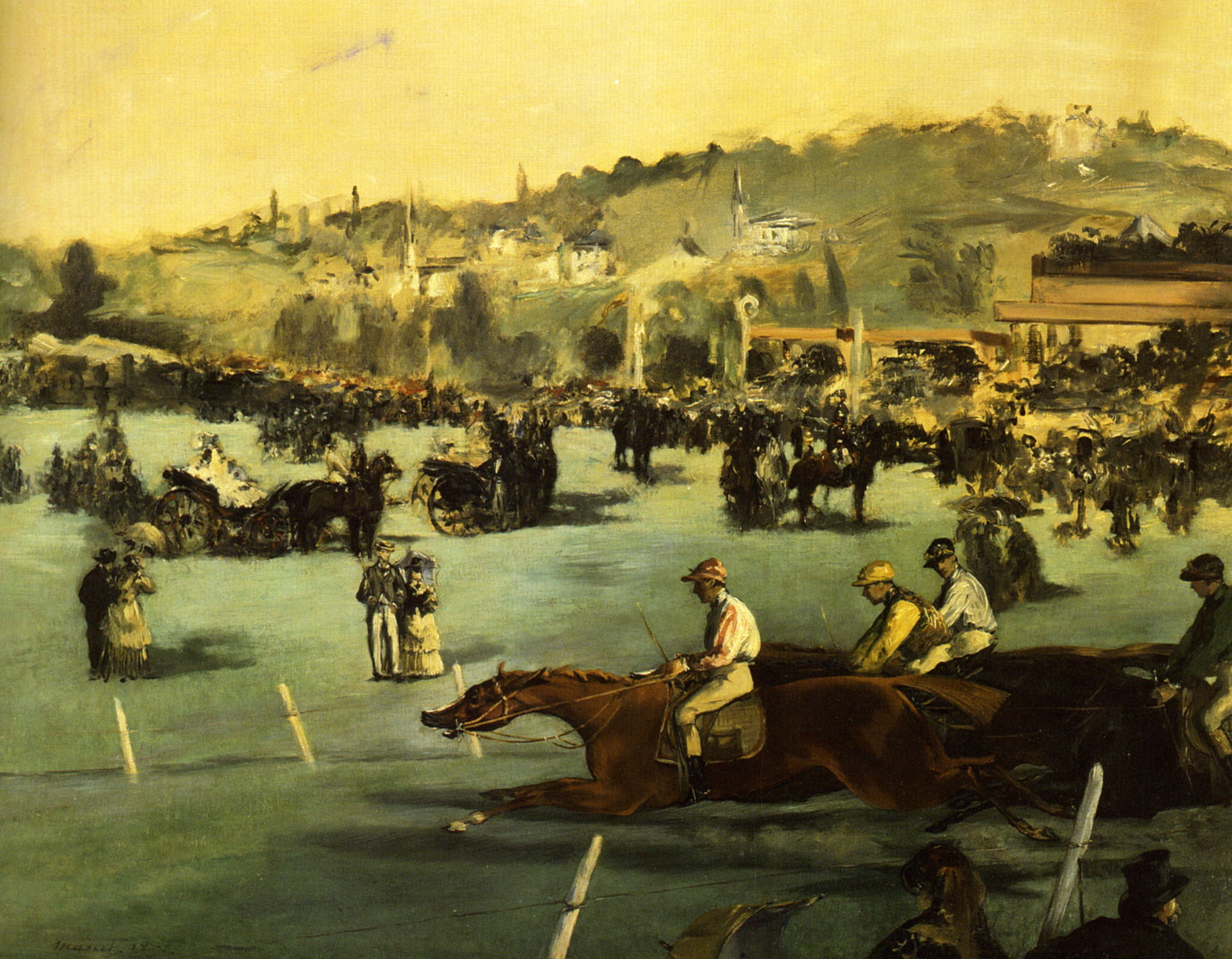 built structure, 1080P, real people, plant, water, Edouard Manet, sky, landscape, architecture, adult, the past, crowd, women, jockey, horse, genre, group of people, HD Wallpaper