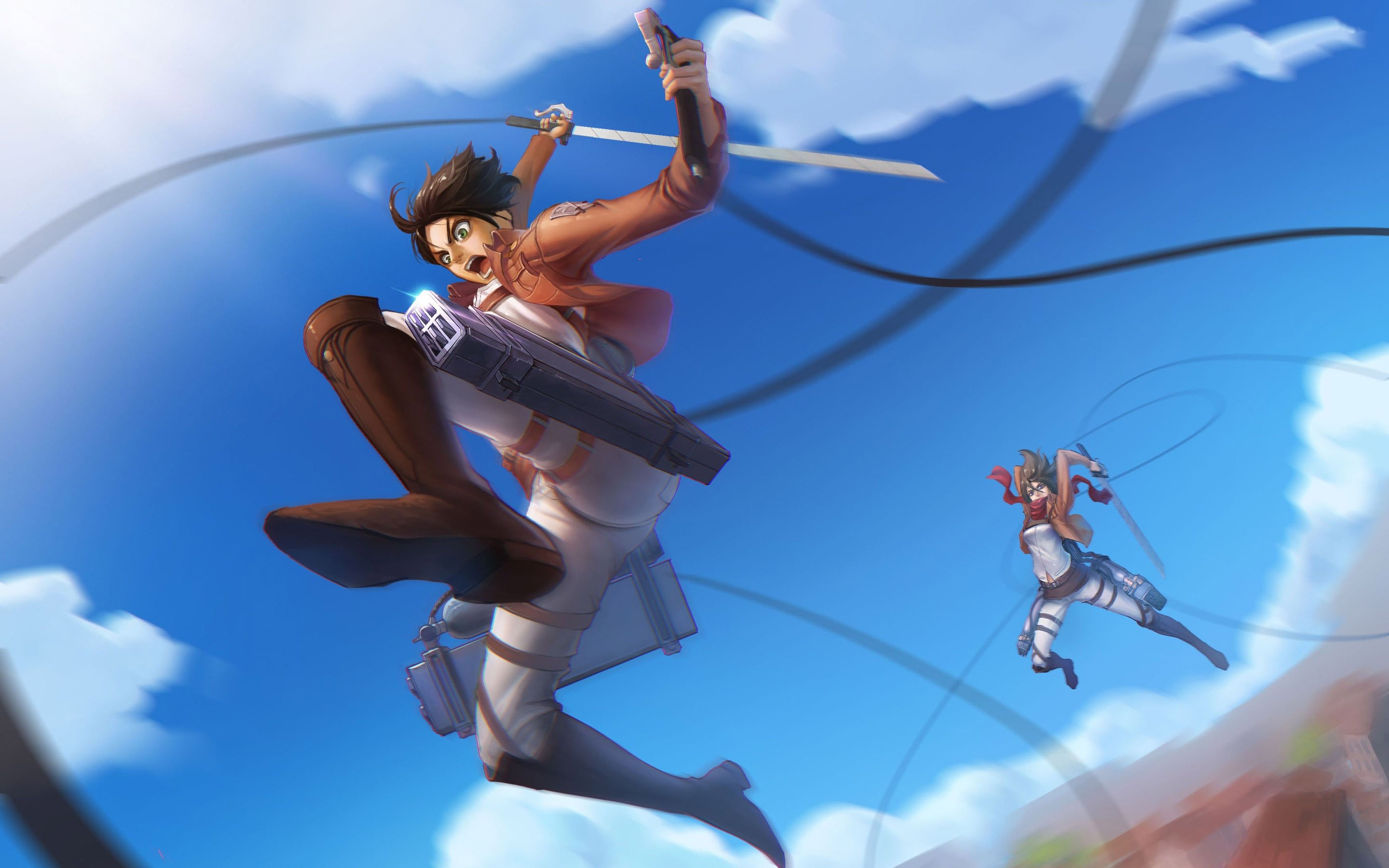 one person, female, nature, Eren Jeager, real people, day, Mikasa Ackerman, character, human arm, 2K, full length, sunlight, jumping, cloud - sky, mid-air, HD Wallpaper