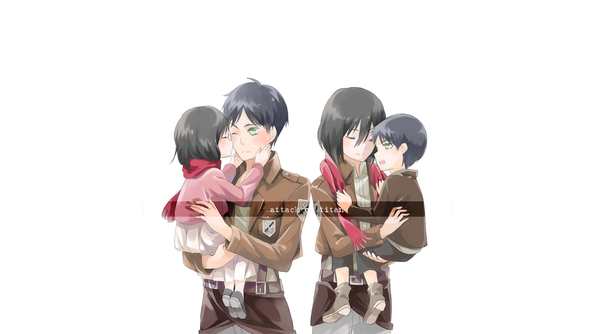 anime, 1080P, communication, Eren Jeager, character, people, adult, standing, contemplation, Mikasa Ackerman, white background, group of people, female, HD Wallpaper