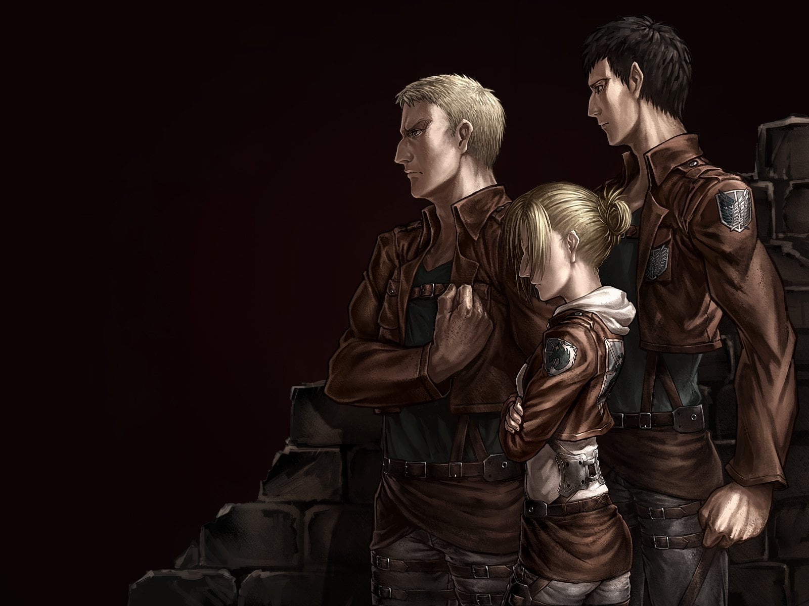 indoors, titans, leather jacket, gun, people, arts culture and entertainment, Annie Leonhart, weapon, adult, copy space, characters, three, men, HD Wallpaper