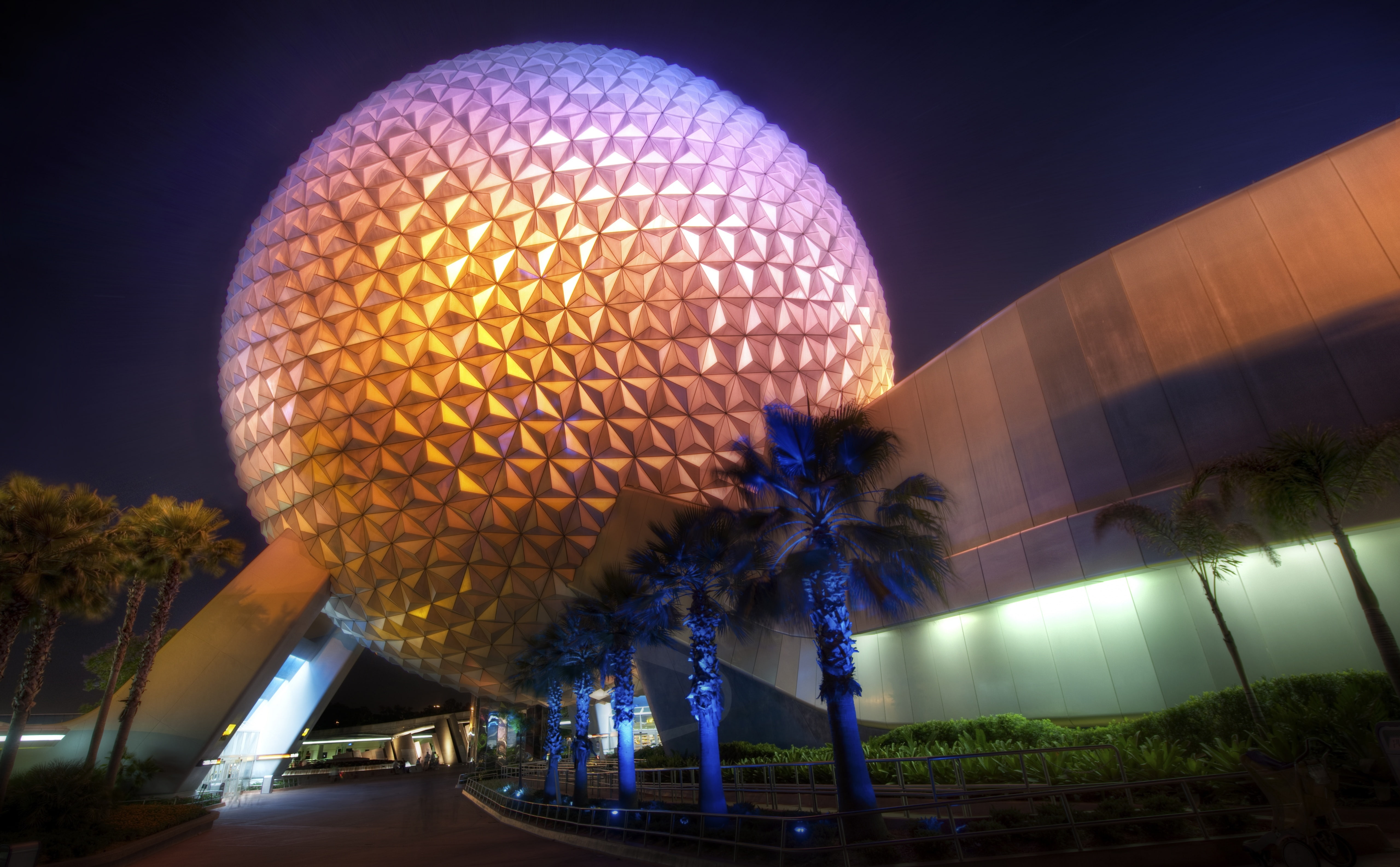 city, arts culture and entertainment, nature, modern, trees, Sphere, lighting equipment, illuminated, plant, disney, travel destinations, Disneyworld, no people, HD Wallpaper