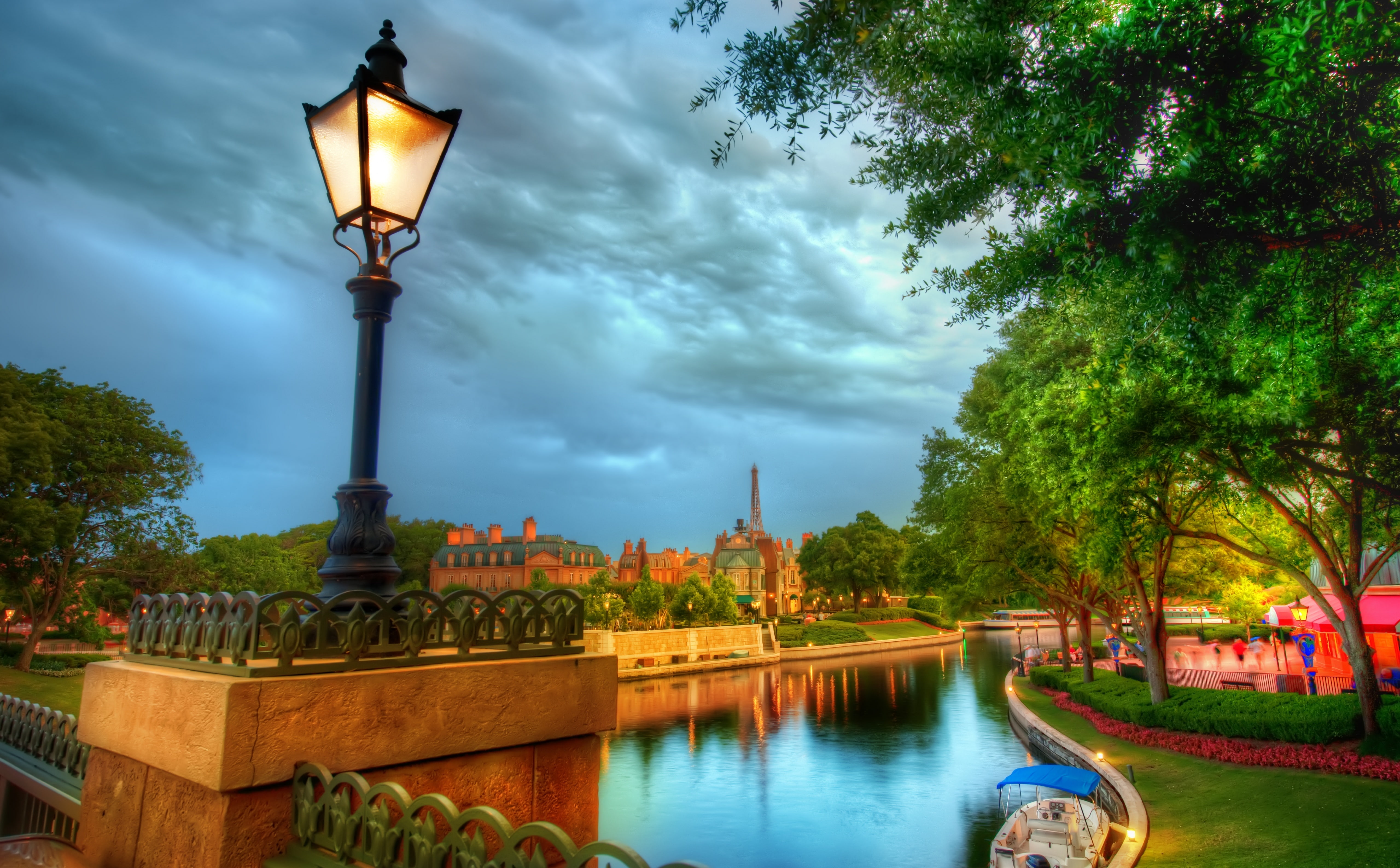 no people, built structure, French, gray, black, street light, bridge - man made structure, river, outdoors, nature, dusk, Travel, electric lamp, disney, HD Wallpaper