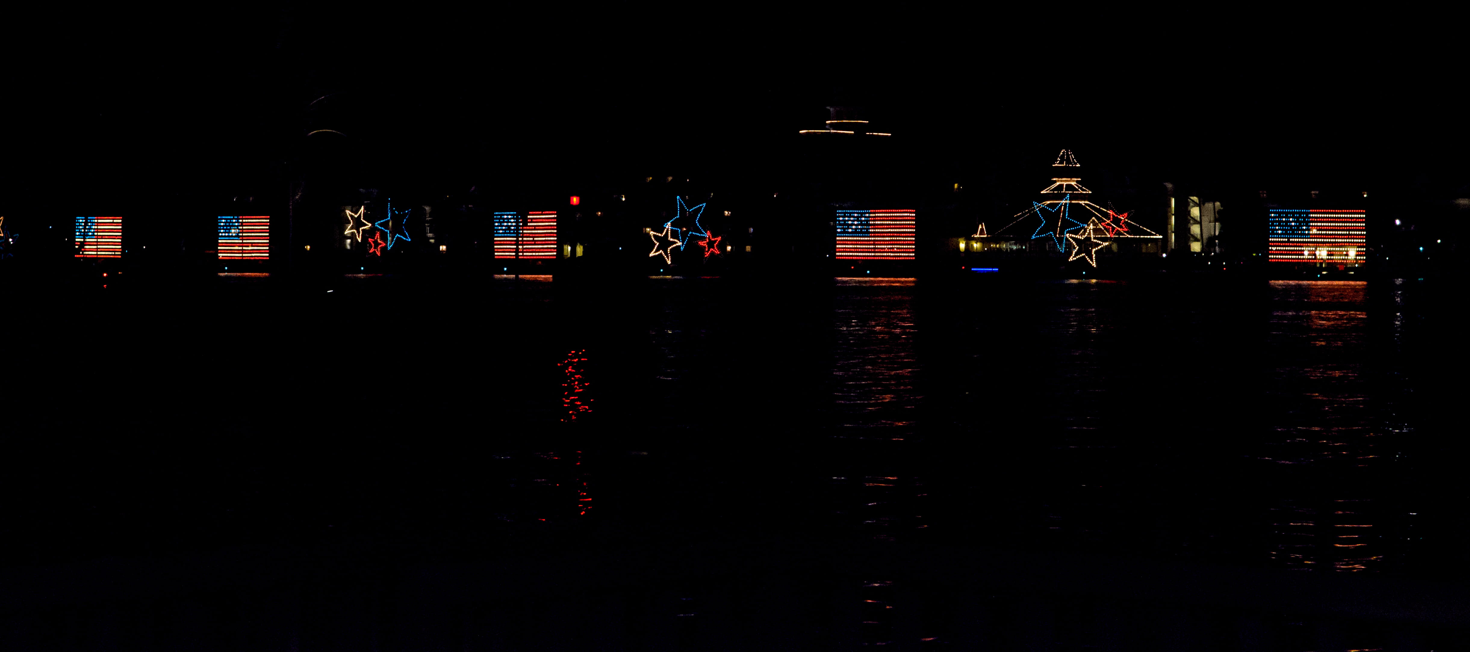landscape, water, copy space, 4K, red white and blue, lake, modern, nature, boats, building exterior, disney, night, dark, holiday, nightlife, cityscape, HD Wallpaper