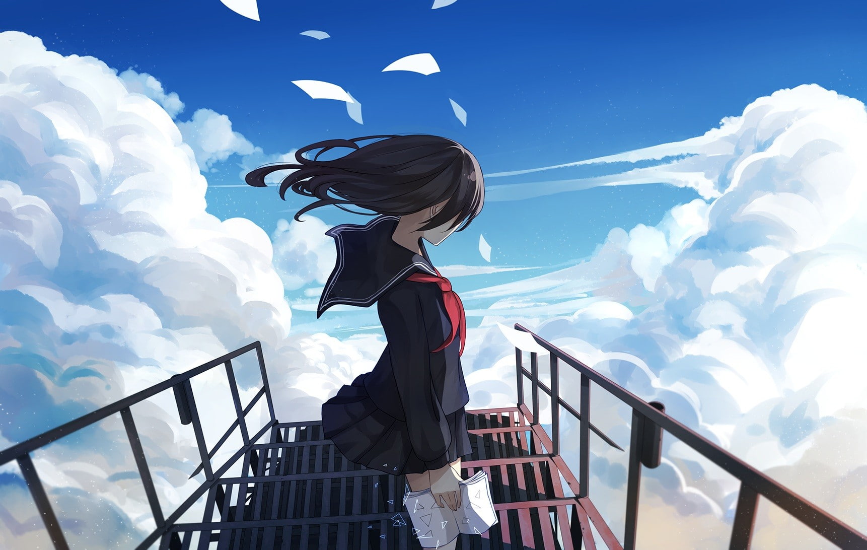 black hair, 720P, stairs, anime girls, anime, sky, clouds, heights, school uniform, paper, HD Wallpaper
