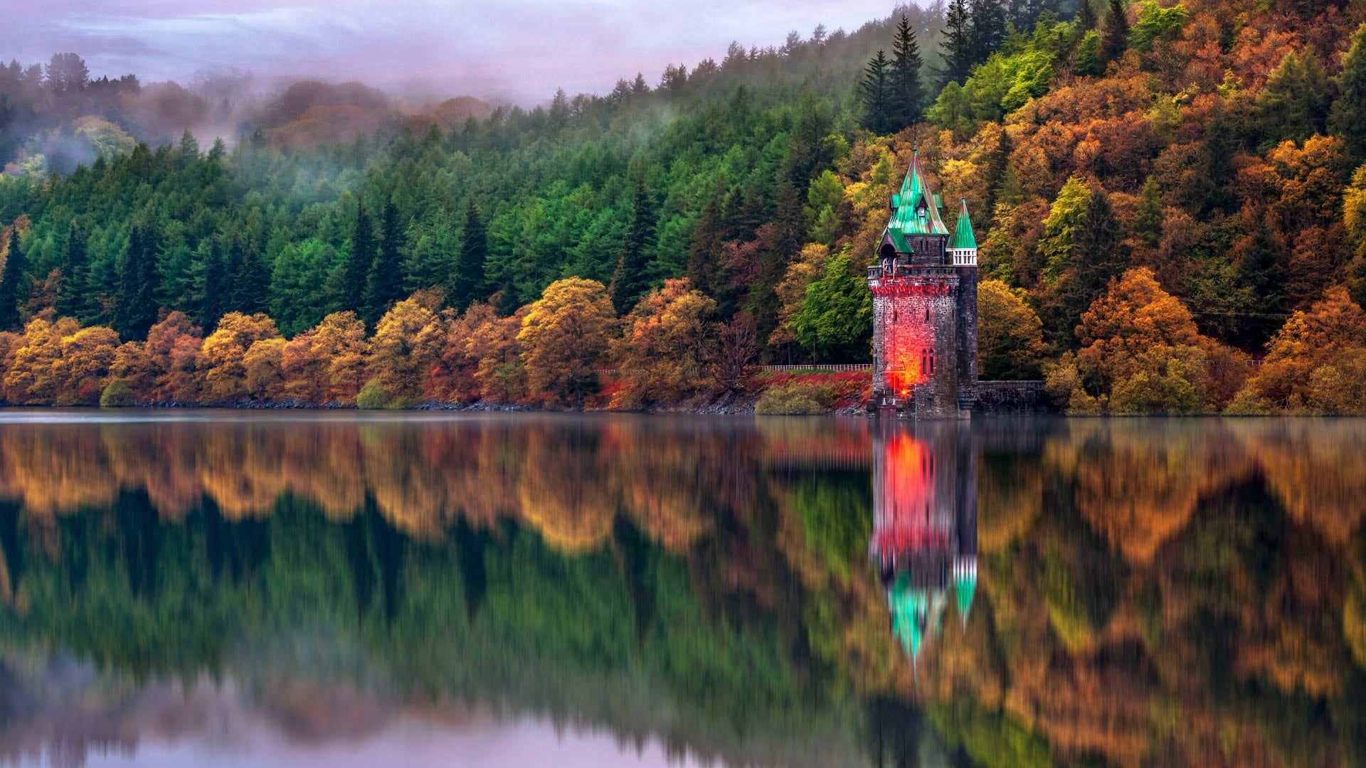 green, tranquil scene, building, lake, mountain, nature, autumn, landscape, plant, beauty in nature, day, forest, water, 1080P, coniferous tree, land, HD Wallpaper