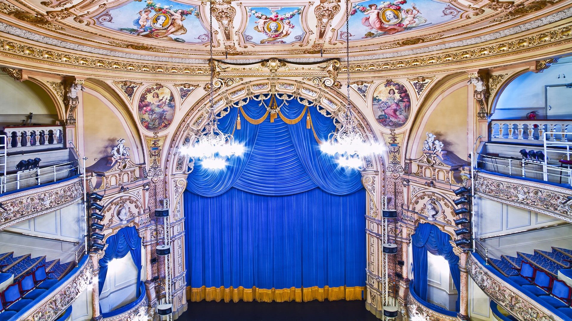 arts culture and entertainment, the past, day, indoors, building, ceiling, mural, no people, ornate, 1080P, built structure, stage, religion, theatrical performance, HD Wallpaper