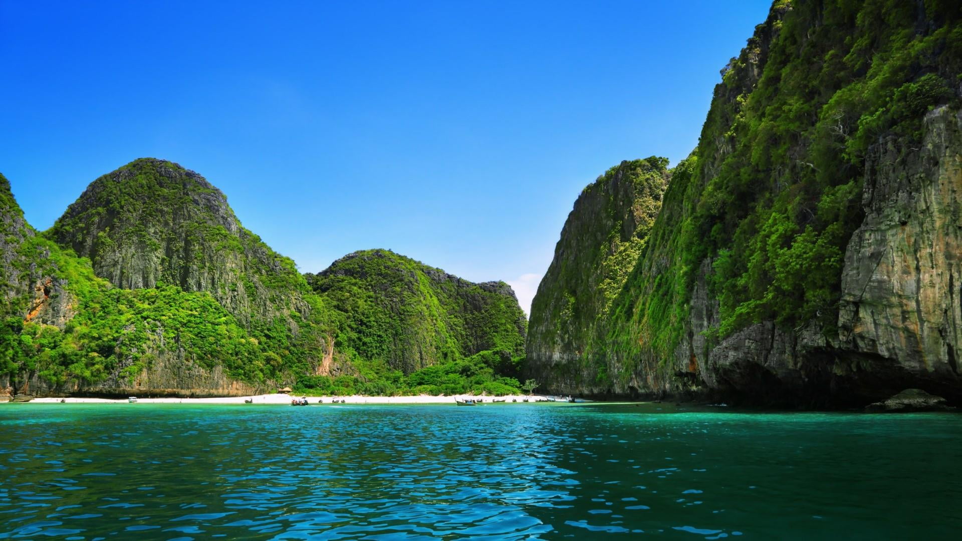 rock - object, blue sky, 1080P, day, formation, thailand, solid, idyllic, asia, tree, beauty in nature, sea, scenics - nature, clear sky, waterfront, water, HD Wallpaper