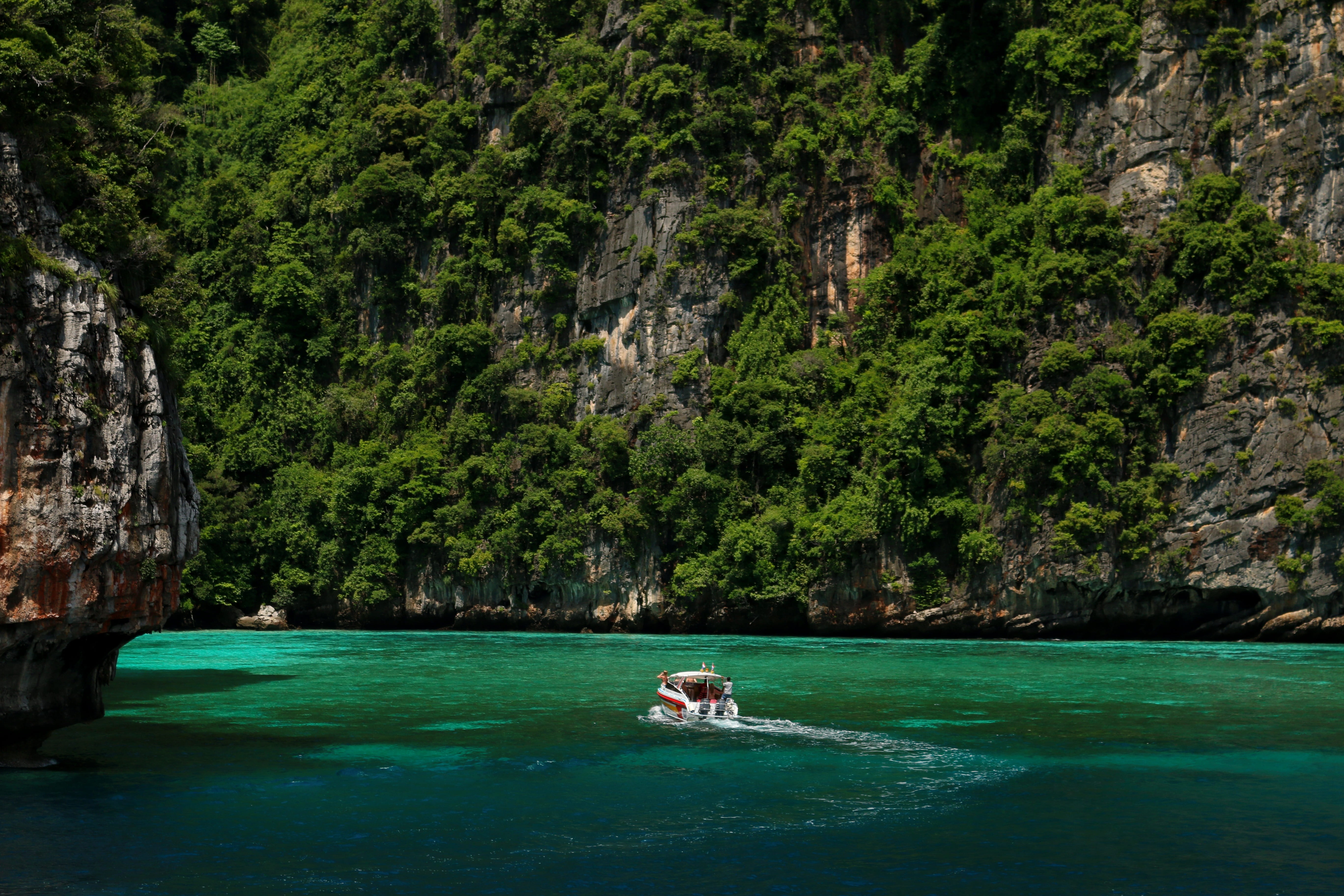5K, outdoors, green color, water, day, nature, sea, rock - object, scenics - nature, krabi, land, real people, solid, leisure activity, plant, phi phi islands, HD Wallpaper