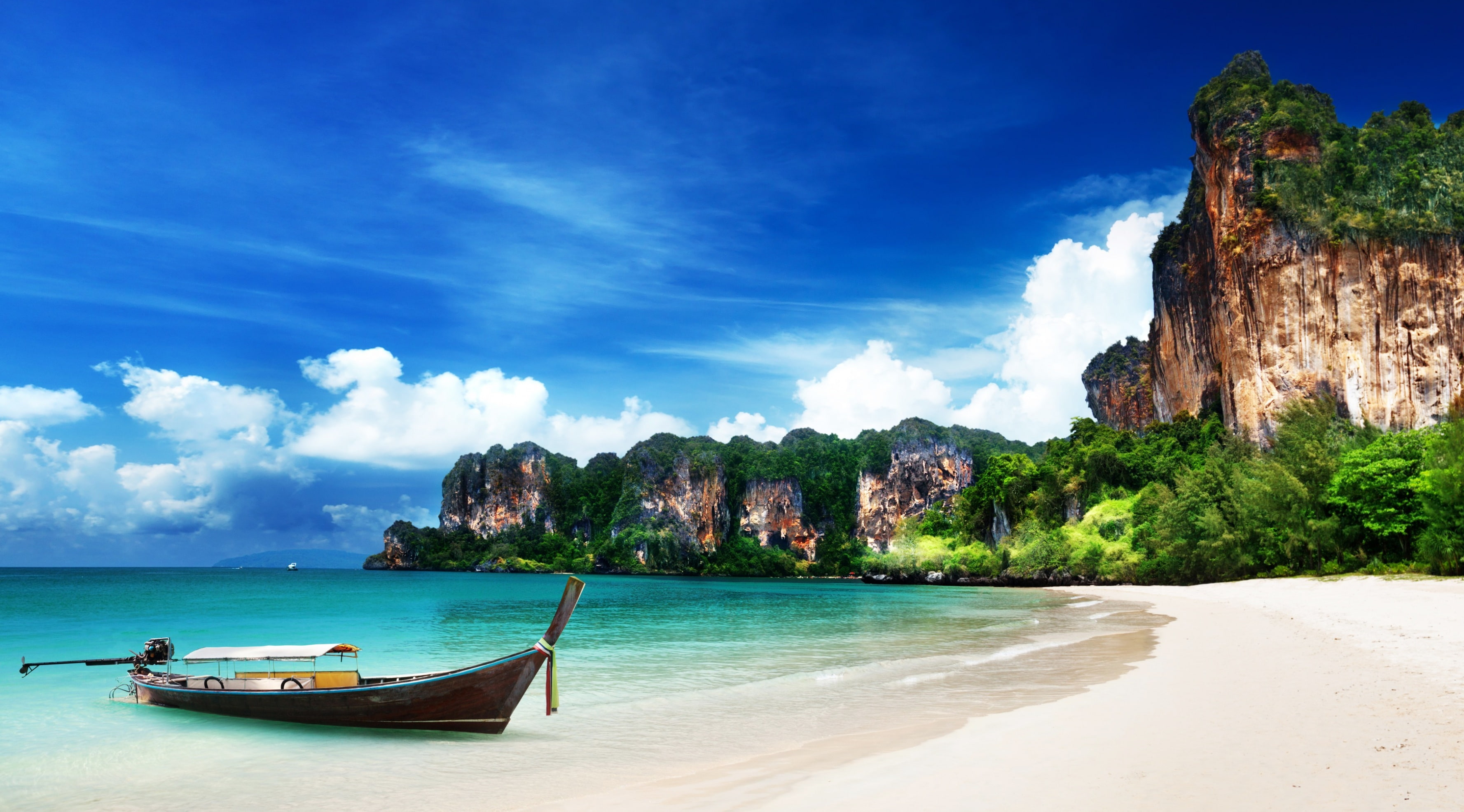 Vacation, Krabi, Summer, water, cloud - sky, non-urban scene, summertime, nature, beauty in nature, nautical vessel, no people, turquoise colored, Beach, HD Wallpaper