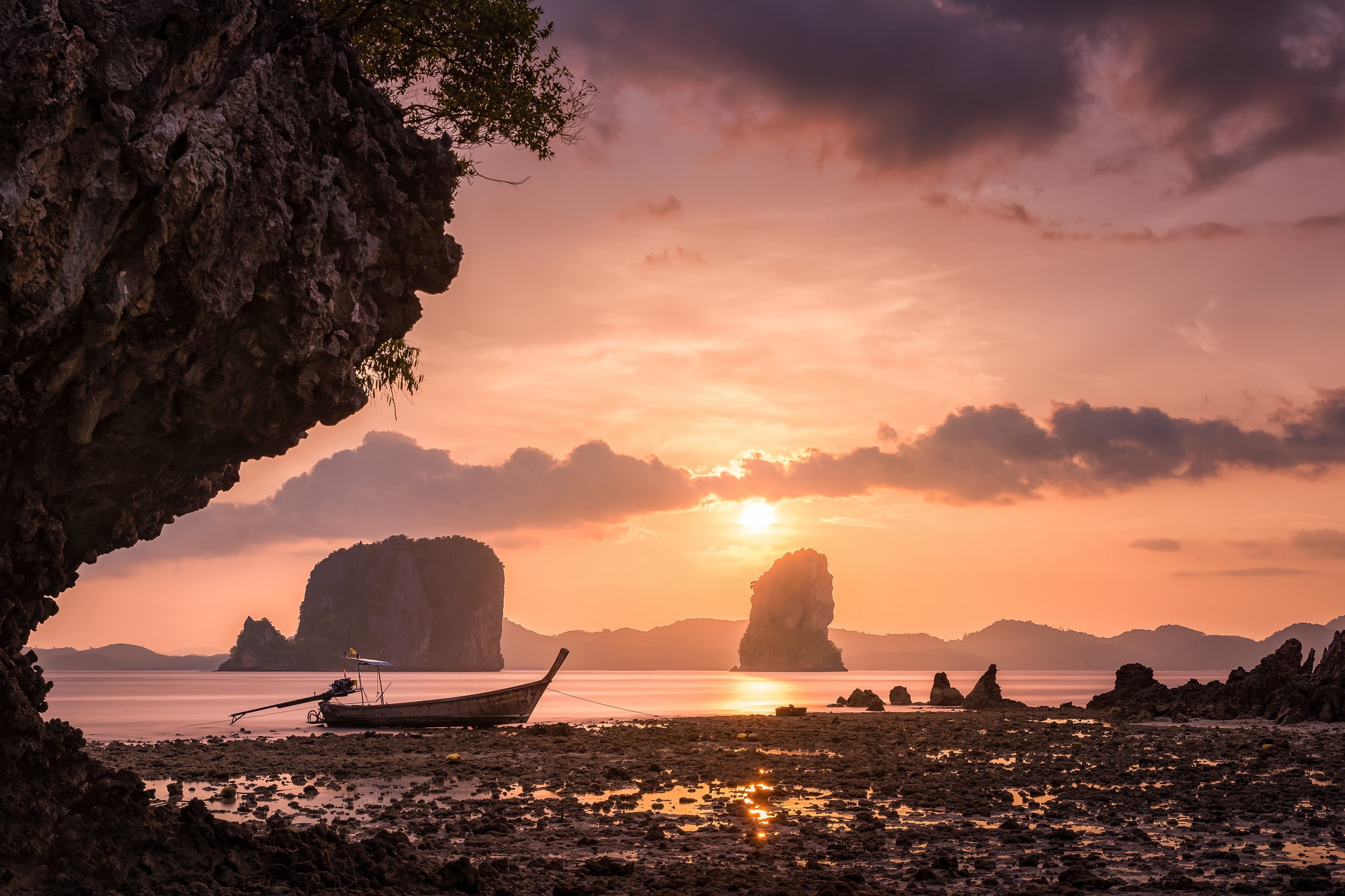 Thailand, 1080P, rocks, boat, Krabi, the sky, sunset, sea, Hong Islands, HD Wallpaper