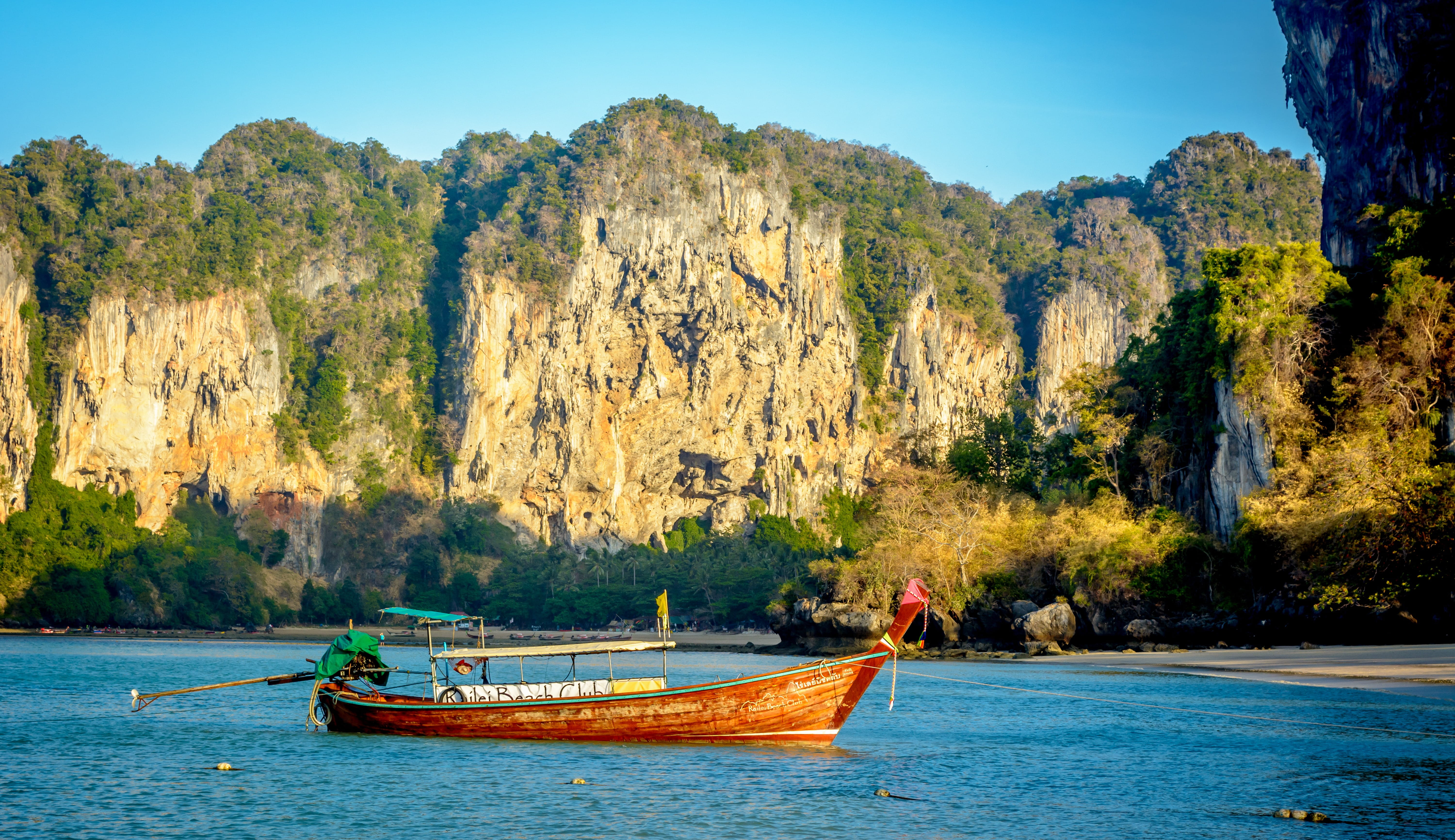 thailand, nautical vessel, hill, solid, water, holiday, cliff, rock formation, azure, ocean, sea, boat, 5K, plant, summer, land, ocean view, brilliant, HD Wallpaper