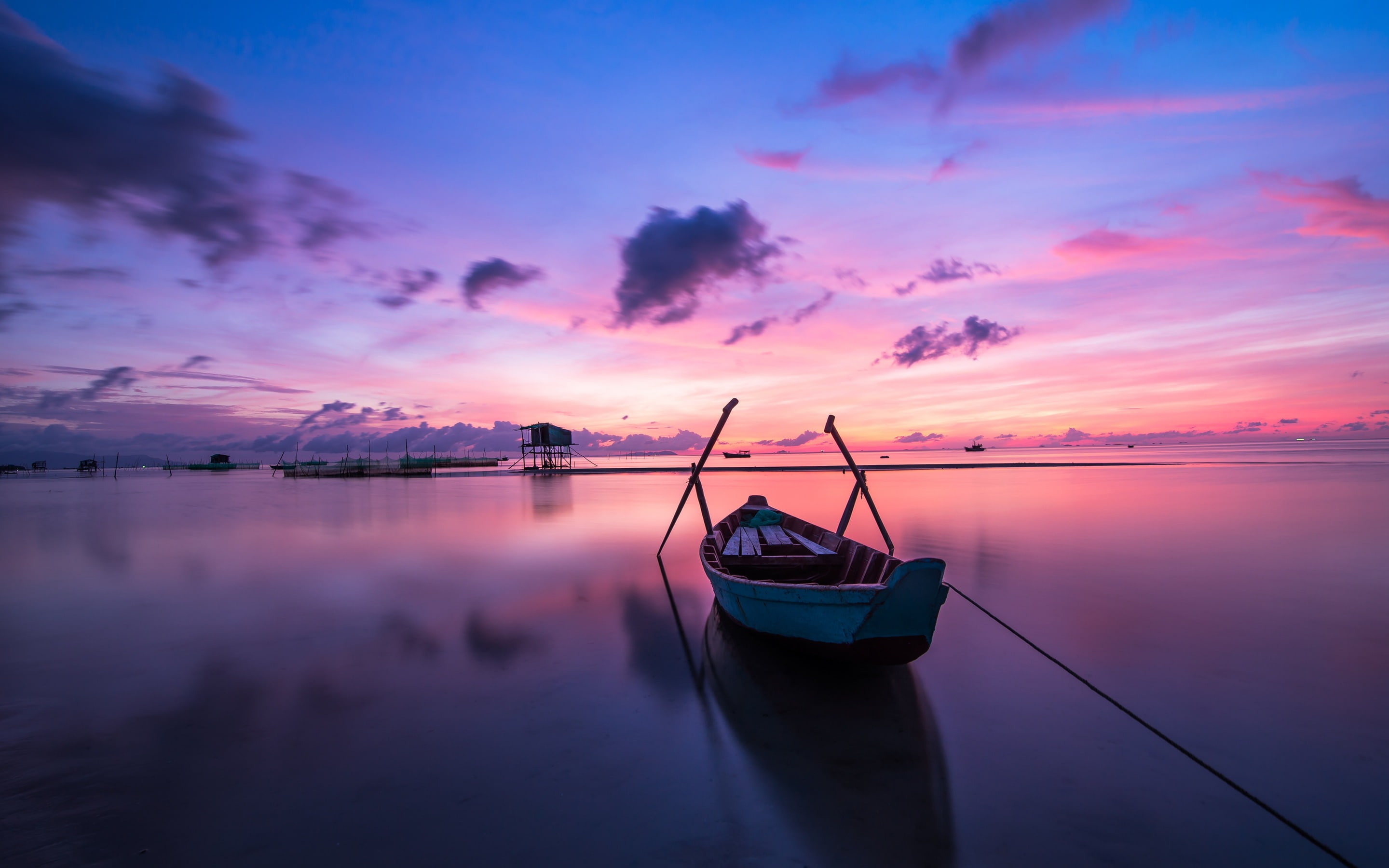 sky, 2K, sunset, nature, dawn, sun, canoe, ocean, boat, brown, vietnam, sea, vacation, white, weather, HD Wallpaper