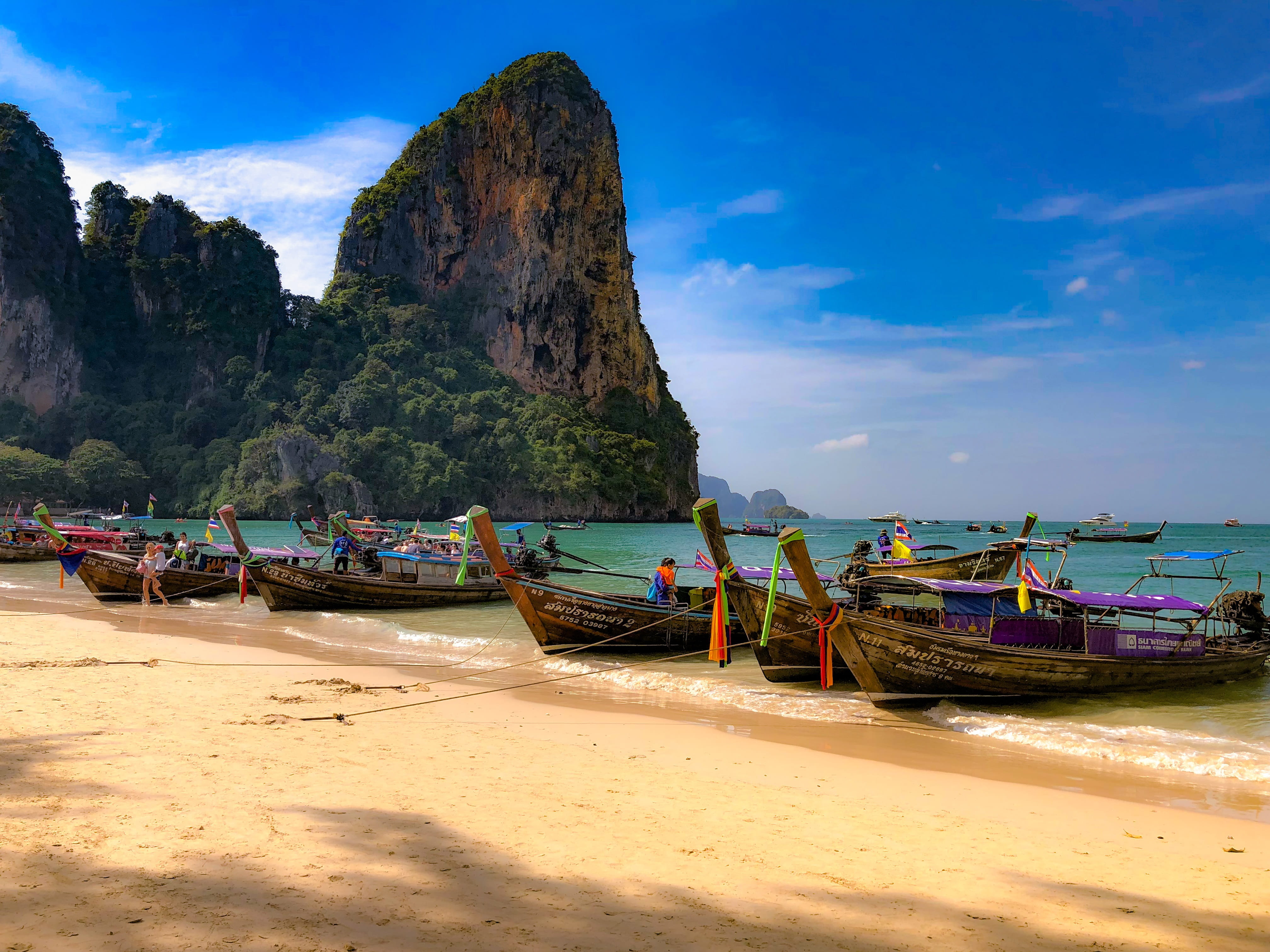 moored, sand, holidays, haven, seashore, rock formation, colors, land, expedition, sea, mountains, landscape, ocean, view, longtail boat, blue, nature, HD Wallpaper