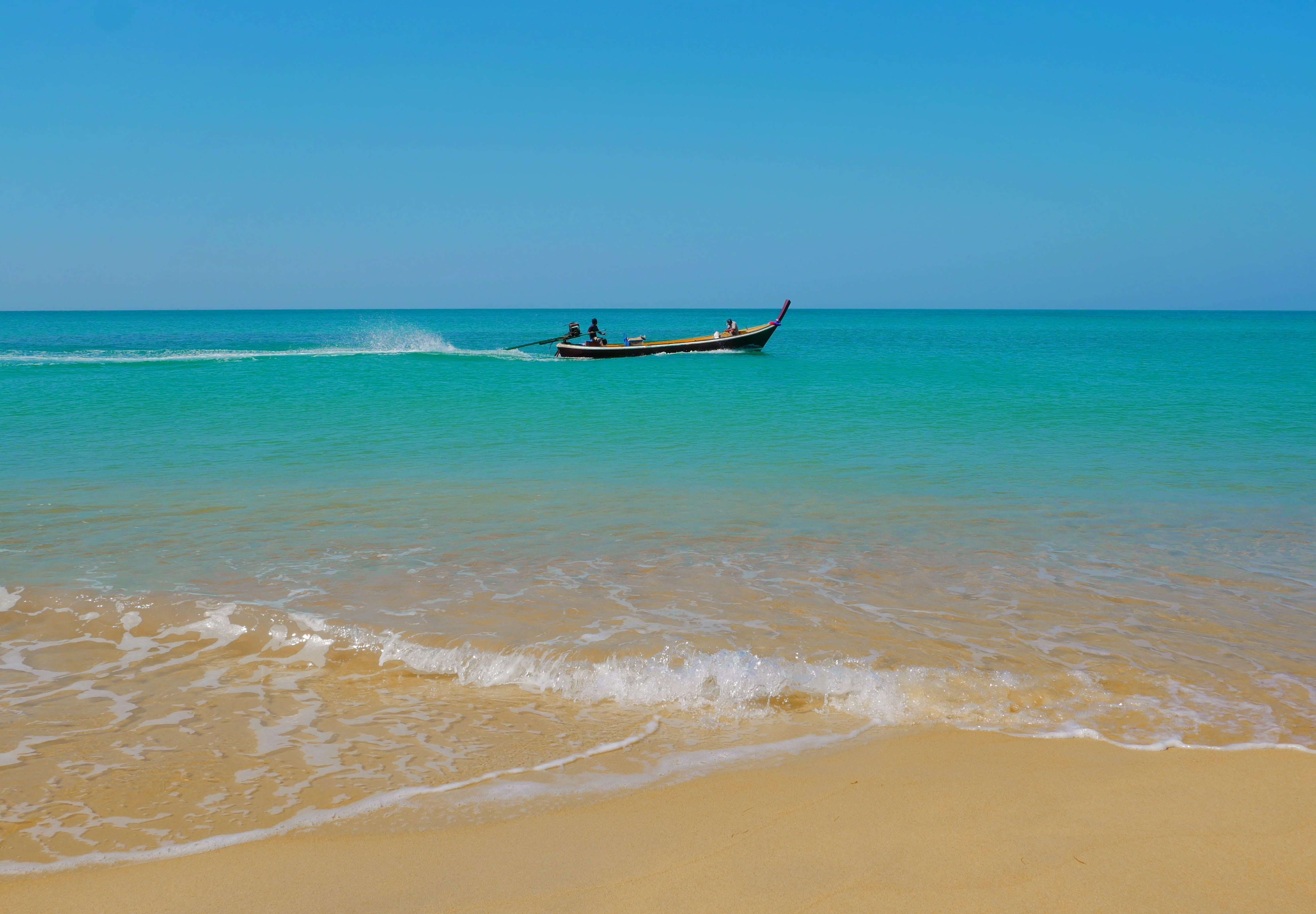abroad, motion, idyllic, tropical, travel, vacation, warm, nautical vessel, beach life, beach, mode of transportation, remote, 4K, adventure, land, blue sky, HD Wallpaper