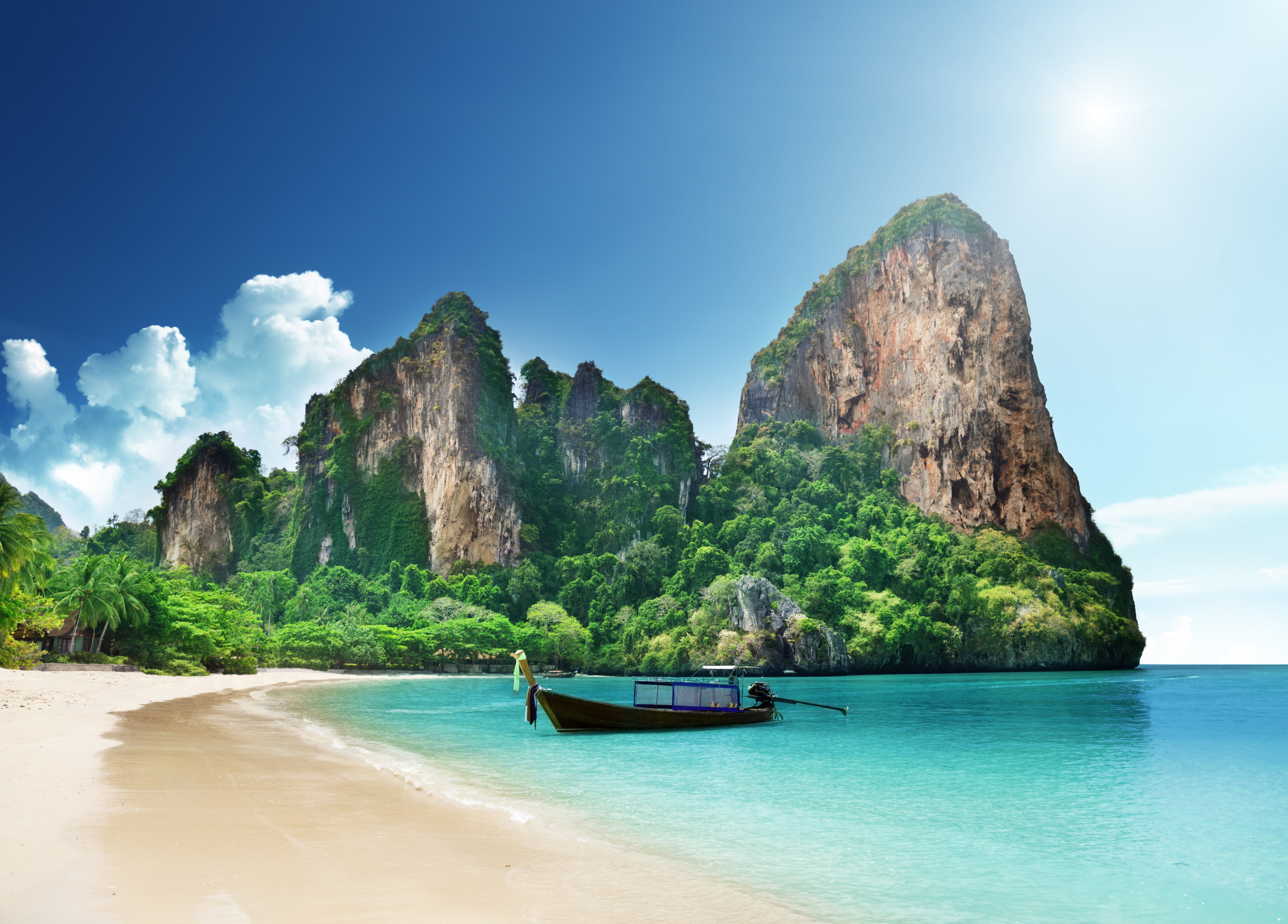 bay, longtail, journey, island, idyllic, bay Of Water, thailand, sky, asia, mode of transportation, the sky, brown, tranquility, cultures, sea, rock formation, HD Wallpaper