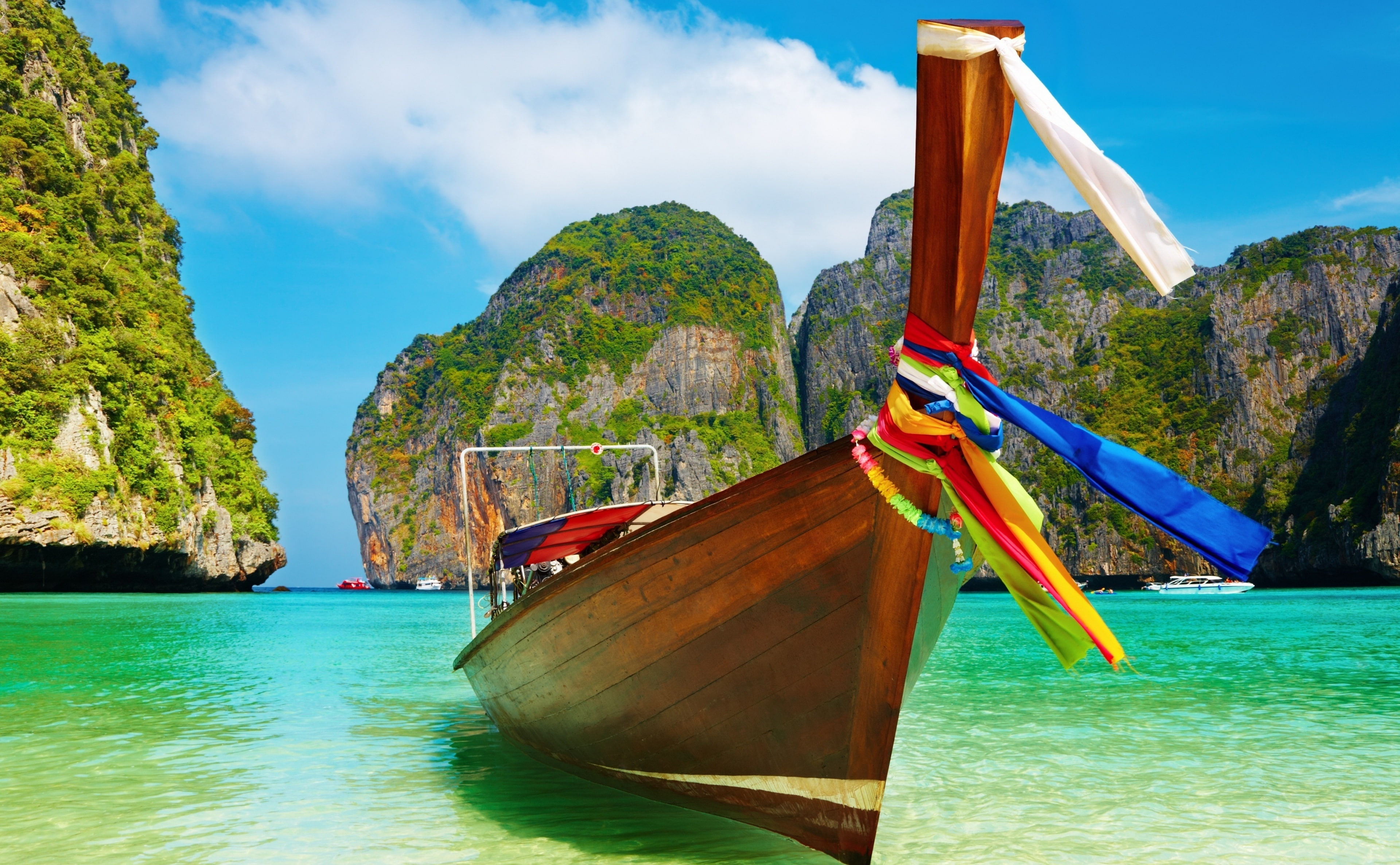 land, turquoise colored, moored, tranquility, travel, tranquil scene, mode of transportation, cloud - sky, Summer, Paradise, sky, sea, water, longtail boat, HD Wallpaper