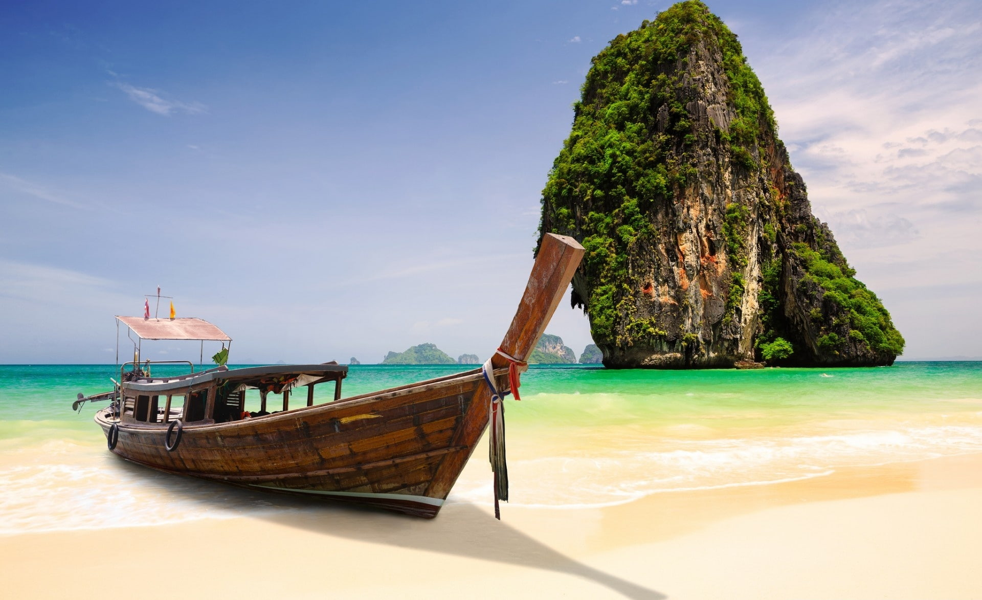 outdoors, nature, body, Asia, brown, horizon over water, near, Thailand, scenics - nature, boat, tranquility, day, mountain, moored, longtail boat, sea, HD Wallpaper