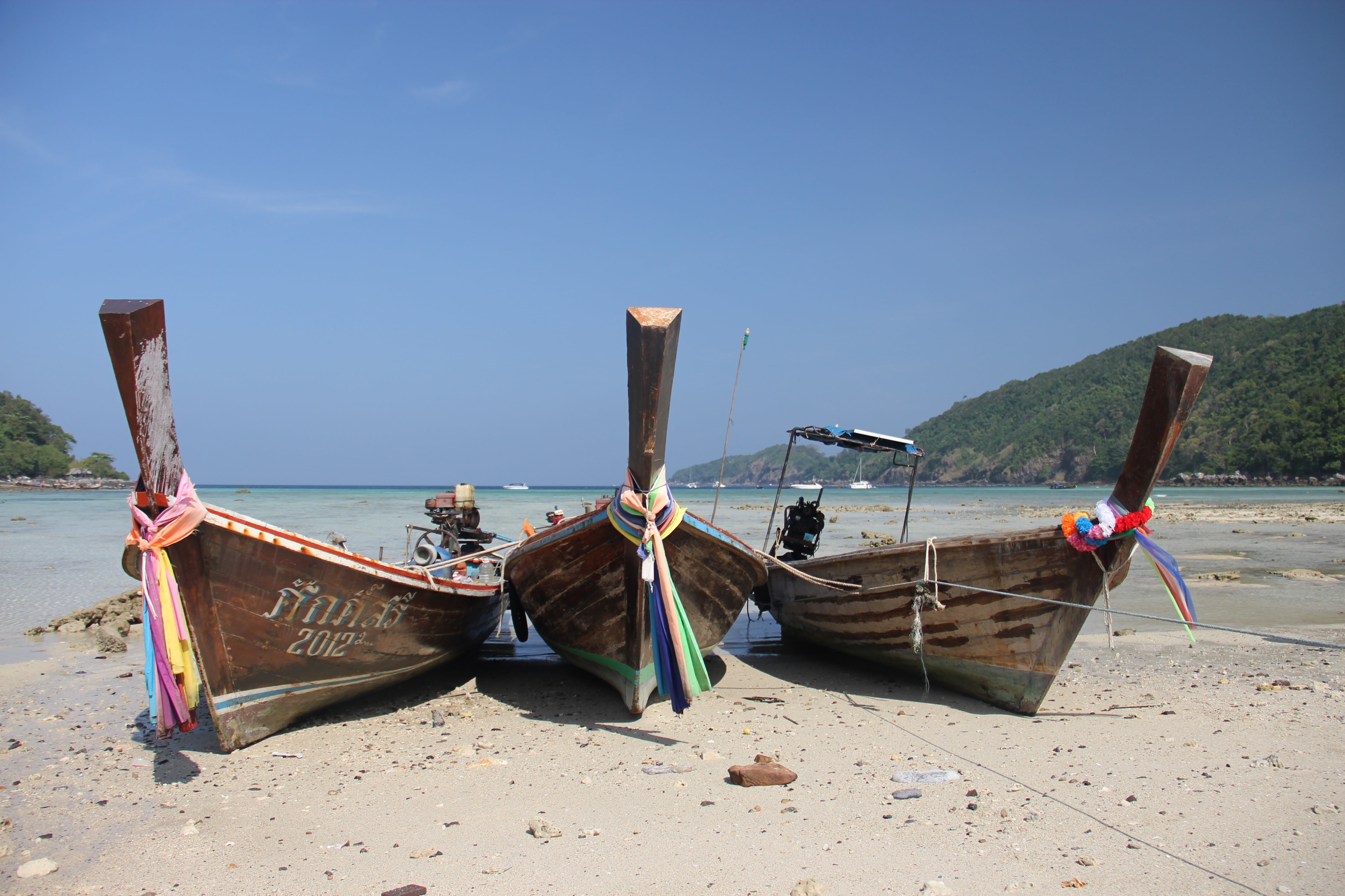 island, seashore, sunny, fishing boat, happy, outdoors, coastline, summer, sand, longtail boat, mountains, transportation, moored, blue, beauty in nature, HD Wallpaper